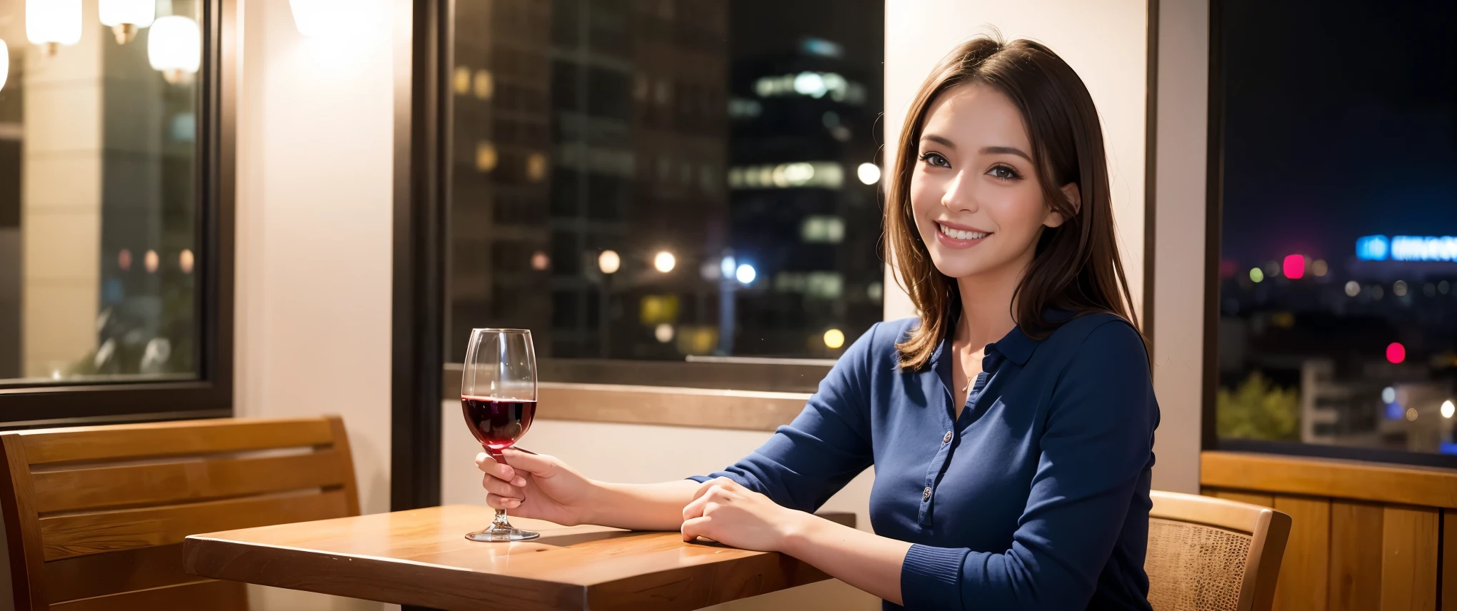 K, Hmm, highest quality, masterpiece: 1.2), (realistic, photorealistic: 1.37), Super detailed, 3 slim beauties, (slim face),Happy、 the best smile、Fox face、Berry Short、(because I'thin), (brown hair), (shortcut), long sleeve shirt、winter fashion、Colombian、Brazilian、Japanese、Dutch、German、Portuguese、Belgian、Italian、French,Champagne、sparKling wine、 (gush out), (slim body), (brown hair), (shortcut), neat beauty、cheeKs turn a little red, (35 years old), 38 years old, alone, A beautiful and detailed night view spreads out outside the window...., restaurant, wine glass is sitting, At night, in a prominent place (from the Upper body) nova frog style, actress, model, Upper body, White wine, slim, wine glass, Very beautiful night view, wine glass Put in the Middle, Happy smile, (smile: 1.15),