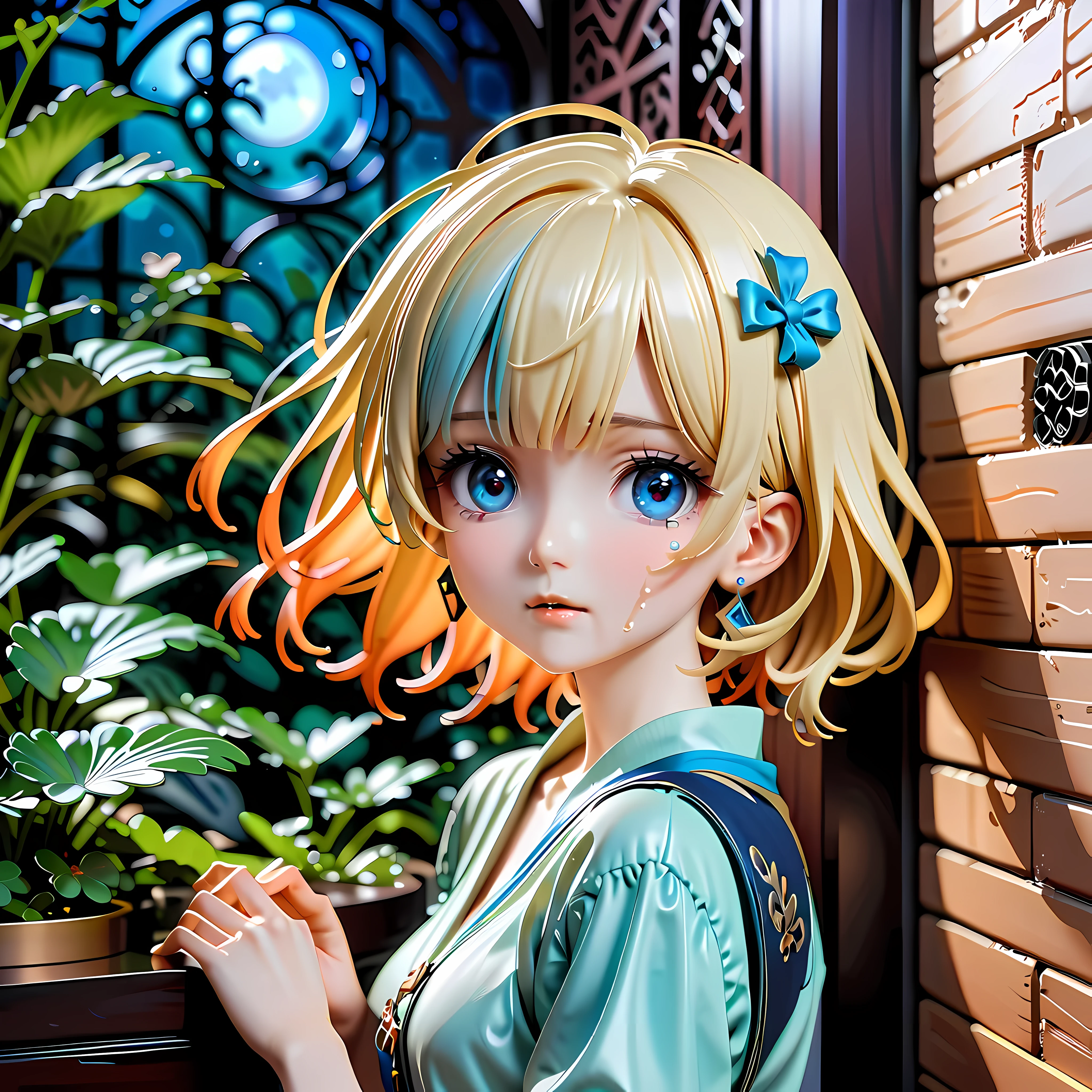 Anime style artwork of blonde girl with blue eyes by window on rainy night, Wearing a white shirt with a blue bow, crying emoticon. Immerse yourself in blue lights to create a dreamy atmosphere. Focus on facial details, Cultivate an emotional connection with your audience, convey a sense of distance, eager, and deep emotions
