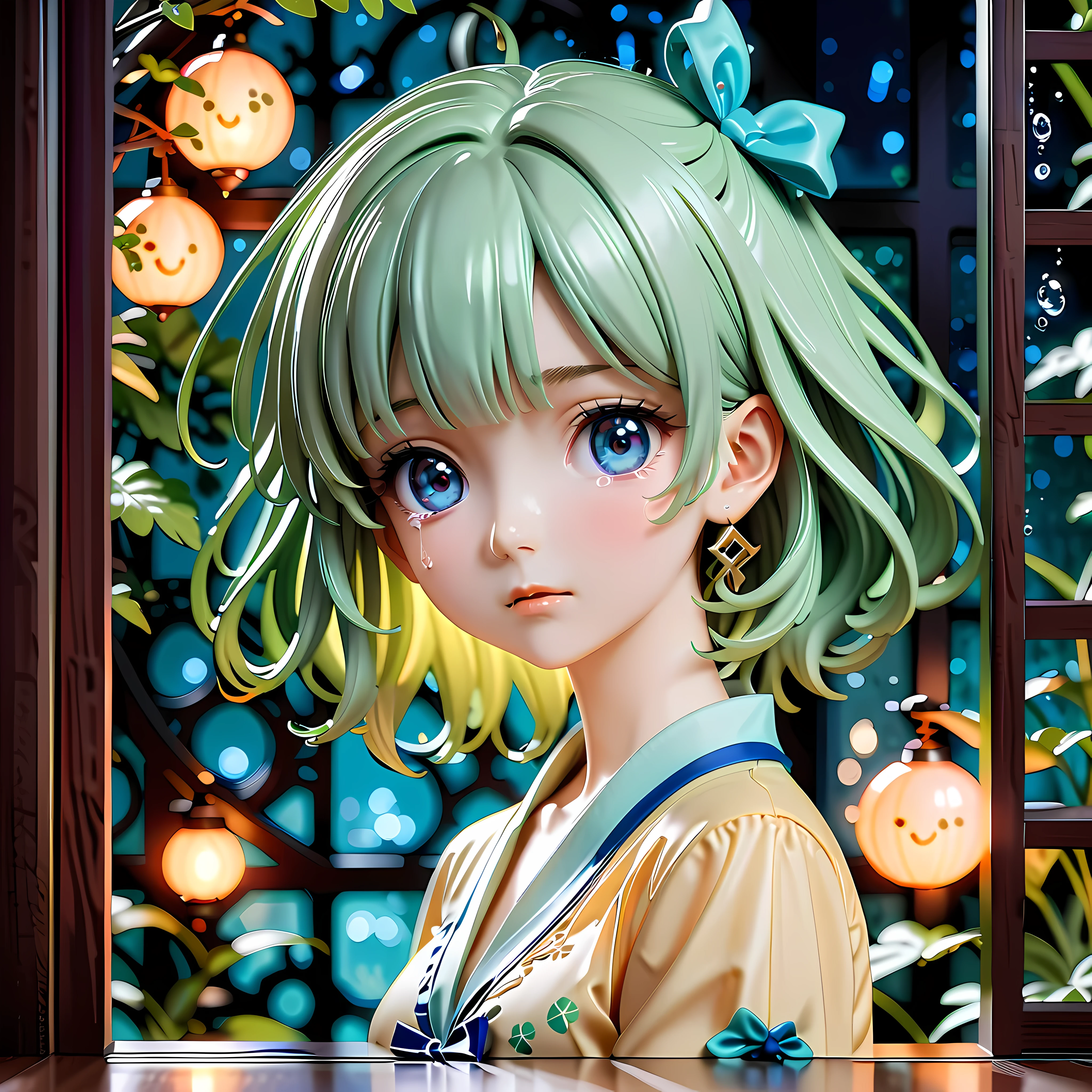 Anime style artwork of blonde girl with blue eyes by window on rainy night, Wearing a white shirt with a blue bow, crying emoticon. Immerse yourself in blue lights to create a dreamy atmosphere. Focus on facial details, Cultivate an emotional connection with your audience, convey a sense of distance, eager, and deep emotions
