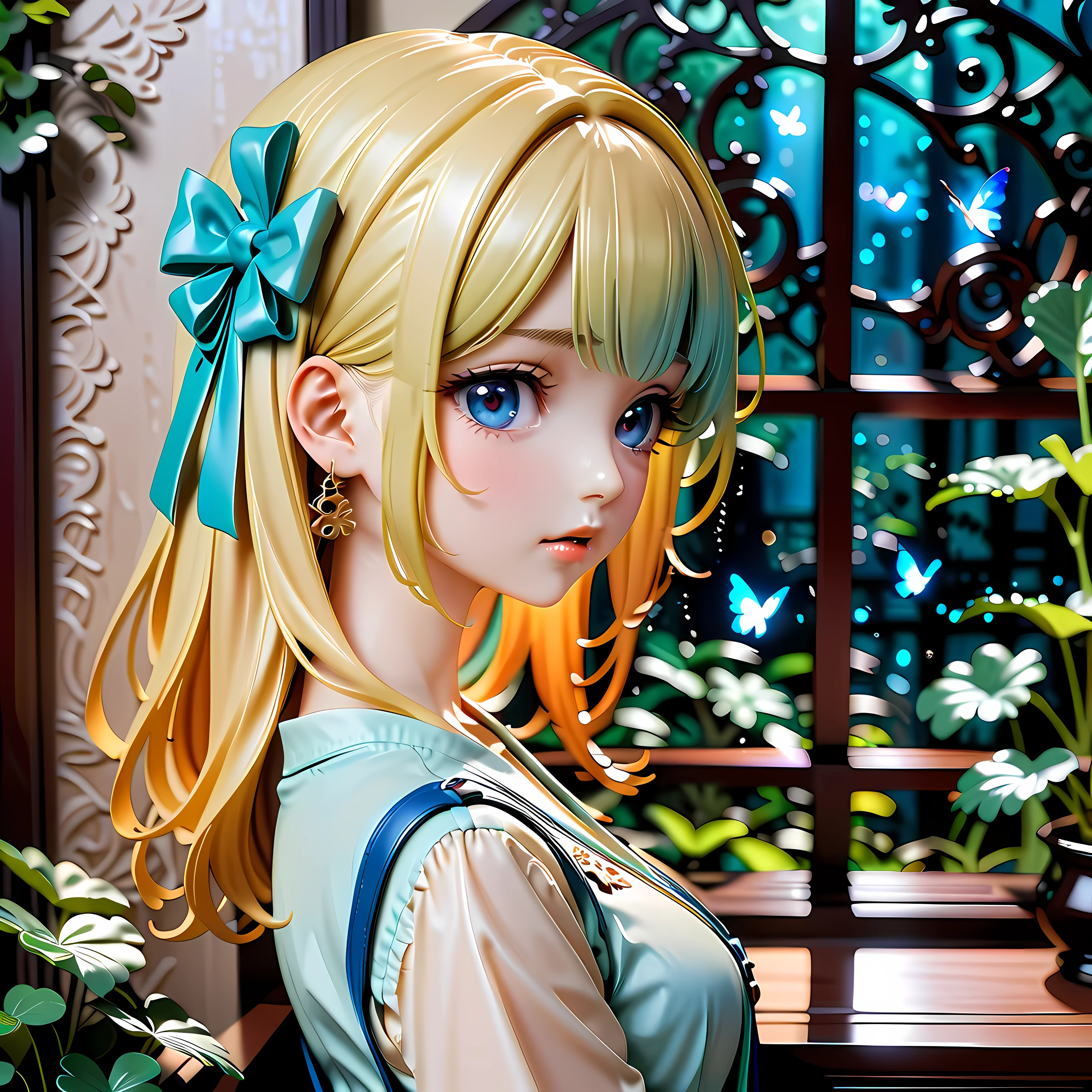 Anime style artwork of blonde girl with blue eyes by window on rainy night, Wearing a white shirt with a blue bow, crying emoticon. Immerse yourself in blue lights to create a dreamy atmosphere. Focus on facial details, Cultivate an emotional connection with your audience, convey a sense of distance, eager, and deep emotions
