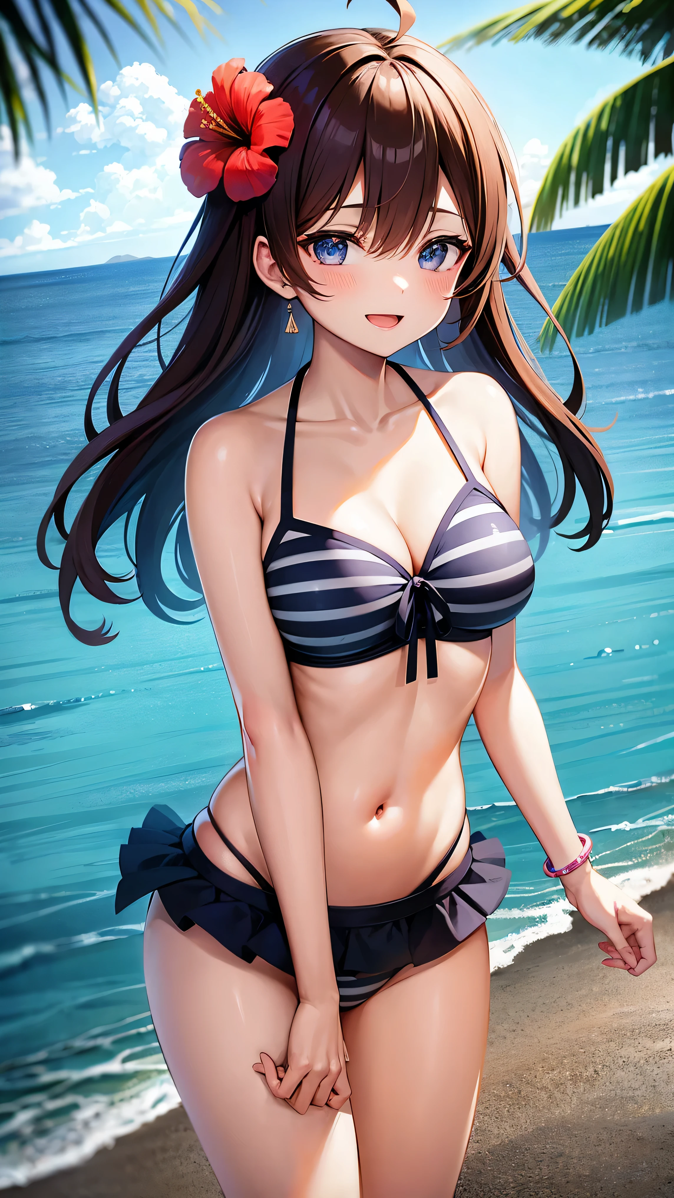 1girl, solo, swimsuit, breasts, bikini, long_hair, flower, ichinose_shiki, hair_ornament, hair_flower, blue_eyes, striped_bikini, brown_hair, navel, smile, striped, looking_at_viewer, cleavage, open_mouth, jewelry, side-tie_bikini_bottom, sky, ahoge, sunset, outdoors, hair_between_eyes, halterneck, medium_breasts, collarbone, bracelet, hibiscus, string_bikini, :d, blush, bangs, earrings, cowboy_shot, bare_shoulders, standing, floating_hair, large_breasts, gradient_sky,