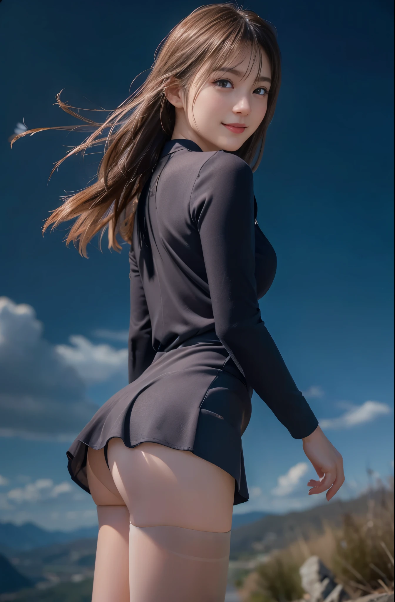 (8K, highest quality, Raw photo、masterpiece: 1.2), Super detailed, highest quality, ultra high resolution, professional lighting, photon mapping, radio city, Physically based rendering, cinematic lighting, Depth of written boundary, 1 female、24-years-old、 ((top of the mountain))(full body shot), ((OL uniform、skirt、pantyhose))((suit、skirt、pantyhose))  (looking at the viewer:1.3) very slim, medium breasts, (pull clothes, Dress Tags, Wind, Wind lift:1.12), ((from behind))(buckshot), cute, white skin、looking at the viewer, light smile,alone, enchanting smile, wide opening, professional lighting, Sony α7R4, Zecy 50mm F1.8, medium breasts,thin and beautiful eyes,