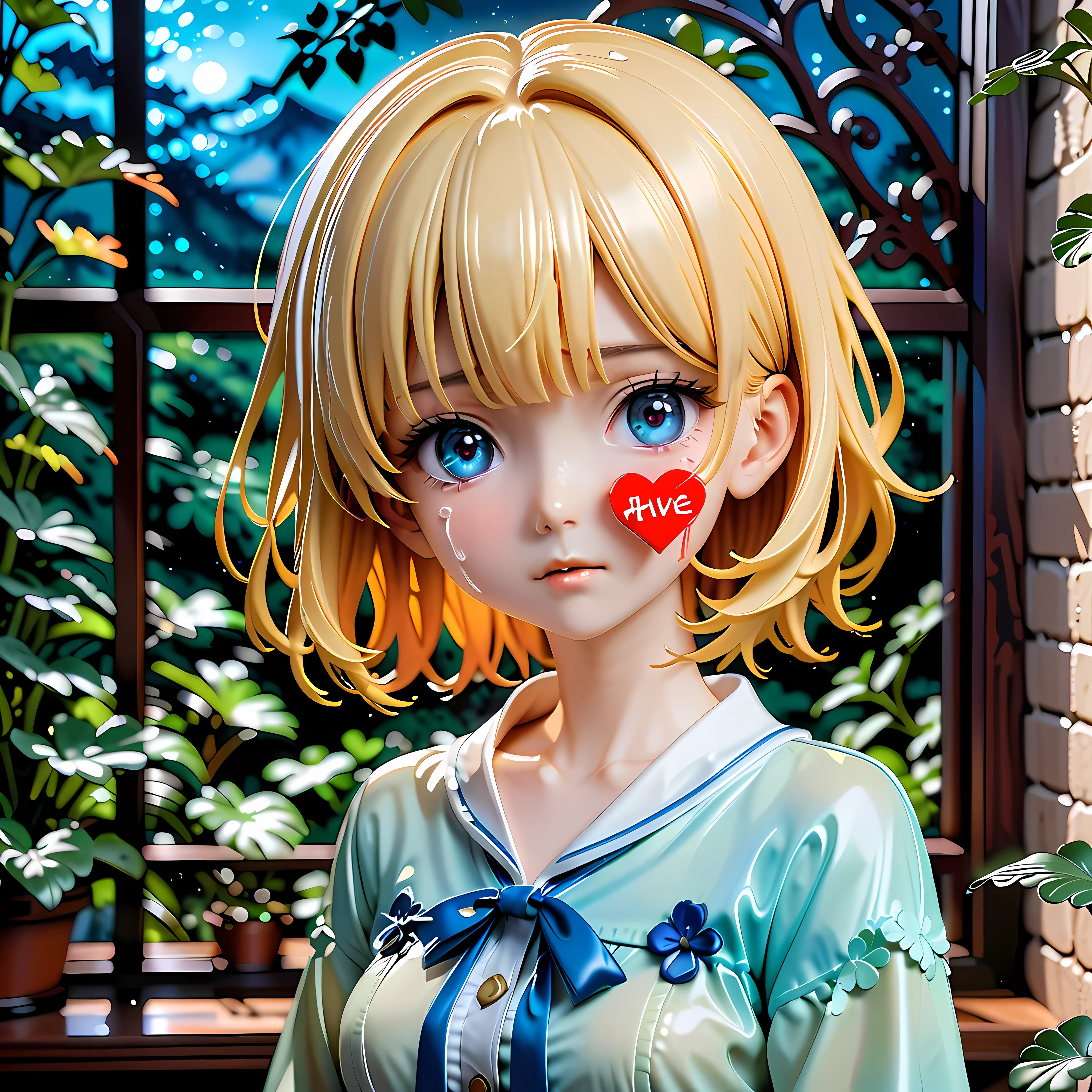 Anime style artwork of blonde girl with blue eyes by window on rainy night, Wearing a white shirt with a blue bow, crying emoticon. Immerse yourself in blue lights to create a dreamy atmosphere. Focus on facial details, Cultivate an emotional connection with your audience, convey a sense of distance, eager, and deep emotions
