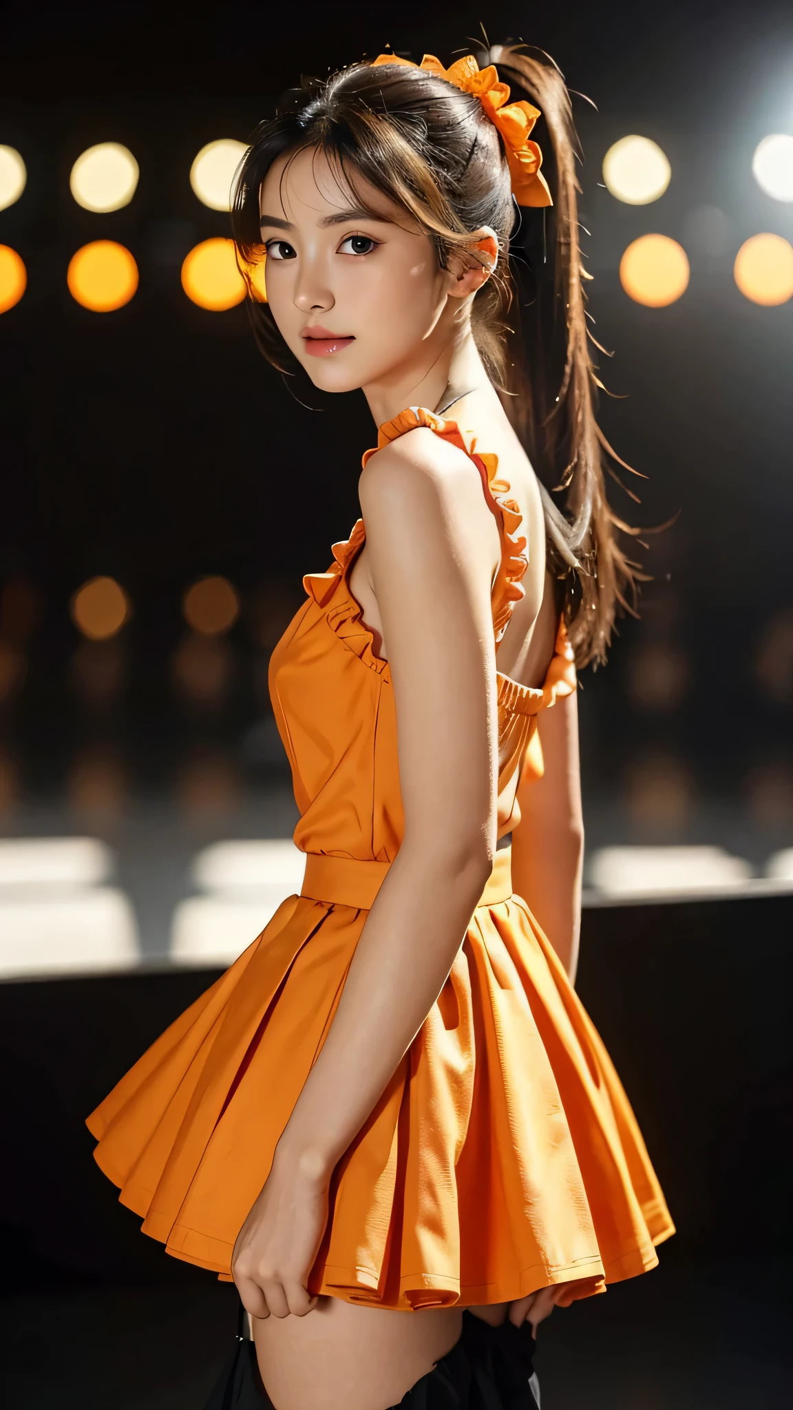 One woman,fully body photo,masutepiece, The highest image quality, High quality, the background is clear,Beautiful woman, Japanese, Detailed, Detailed eyes, Detailed skin, Beautiful skin, 超hight resolution, (reality: 1.4),Very beautiful woman, Slightly younger face, Beautiful skin, slender, (Ultra photo realsisim), (hight resolution), (8K), (Very detailed) (beautifully detailed eyes), (super detailed), (Detailed face), view the viewer, Fine details, Detailed face, Staring straight ahead, Staring straight ahead, photos realistic, Bright lighting, Professional Lighting, Black hair,poneyTail,a ,sixteen ye is ponytail,long ponytail hairstyle,slight smile,Long orange dress with lots of ruffles, soft shaped skirt, standing on stage, orange ribbon on her head, not revealing too much skin, she is wearing a skirt with lots of ruffles,She wears a cute outfit with lots of frills.