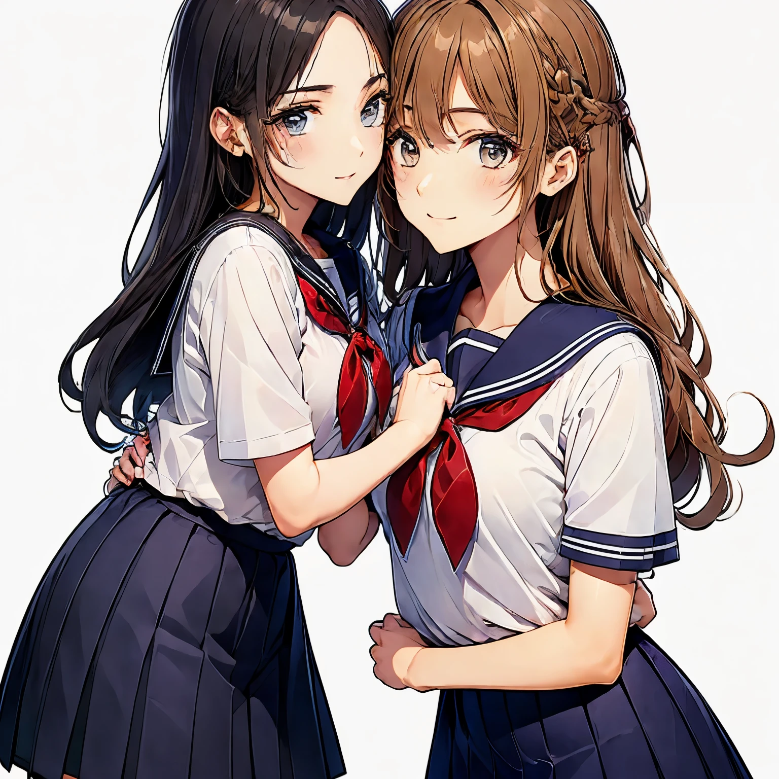 high quality,((2girls,embrace each other passionately)),chyuri,smile,Japanese high school student,short sleeve sailor ,