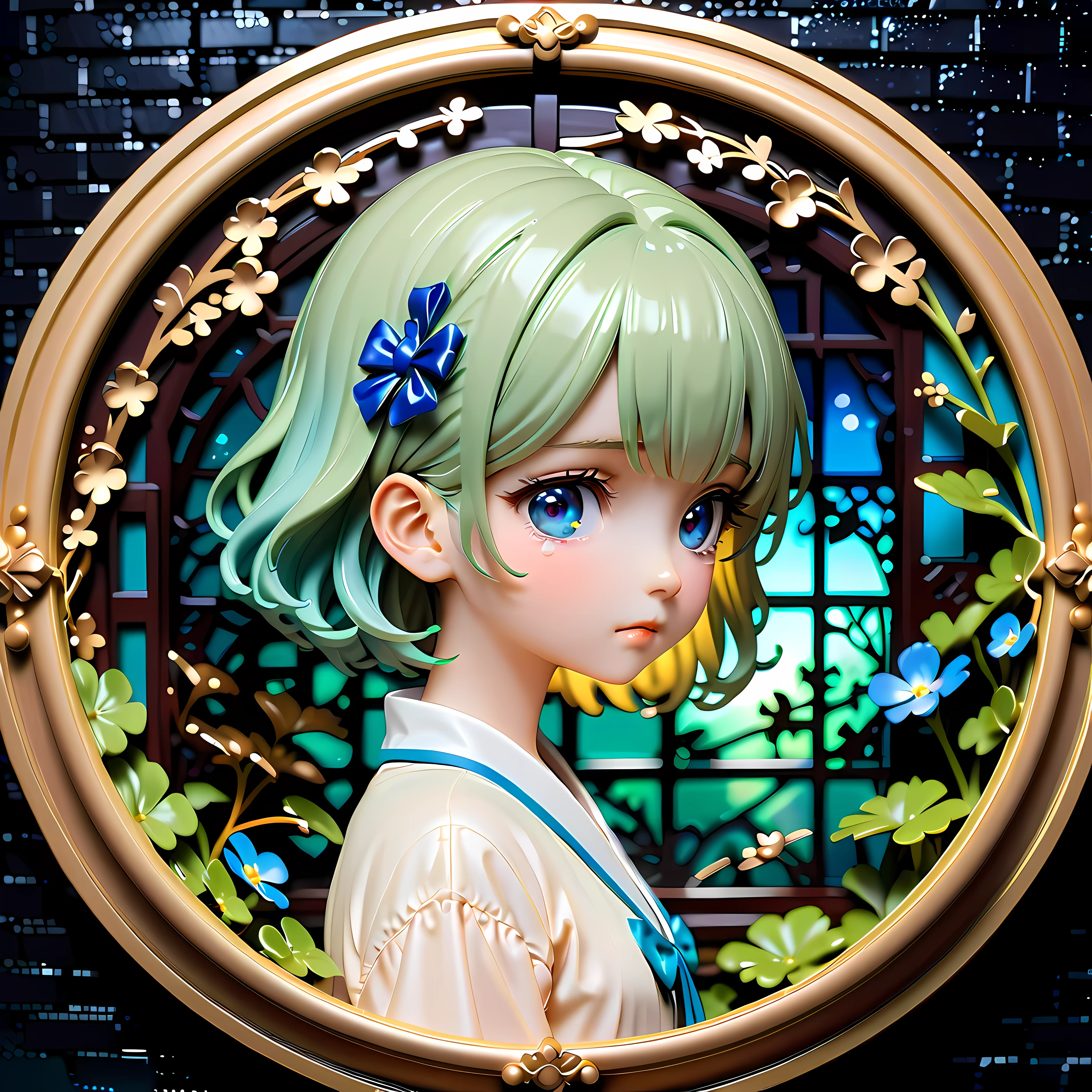 Anime style artwork of blonde girl with blue eyes by window on rainy night, Wearing a white shirt with a blue bow, crying emoticon. Immerse yourself in blue lights to create a dreamy atmosphere. Focus on facial details, Cultivate an emotional connection with your audience, convey a sense of distance, eager, and deep emotions
