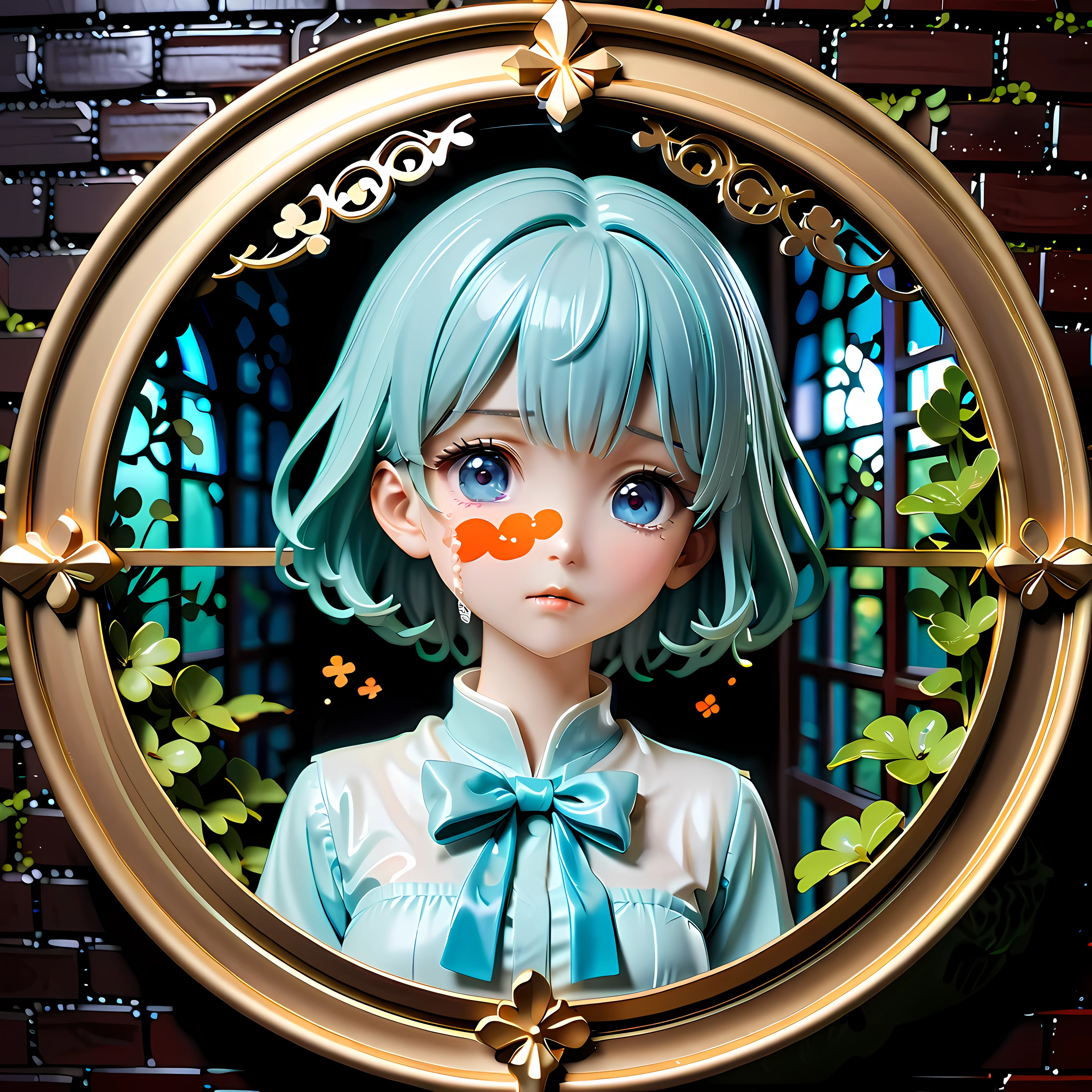 Anime style artwork of blonde girl with blue eyes by window on rainy night, Wearing a white shirt with a blue bow, crying emoticon. Immerse yourself in blue lights to create a dreamy atmosphere. Focus on facial details, Cultivate an emotional connection with your audience, convey a sense of distance, eager, and deep emotions
