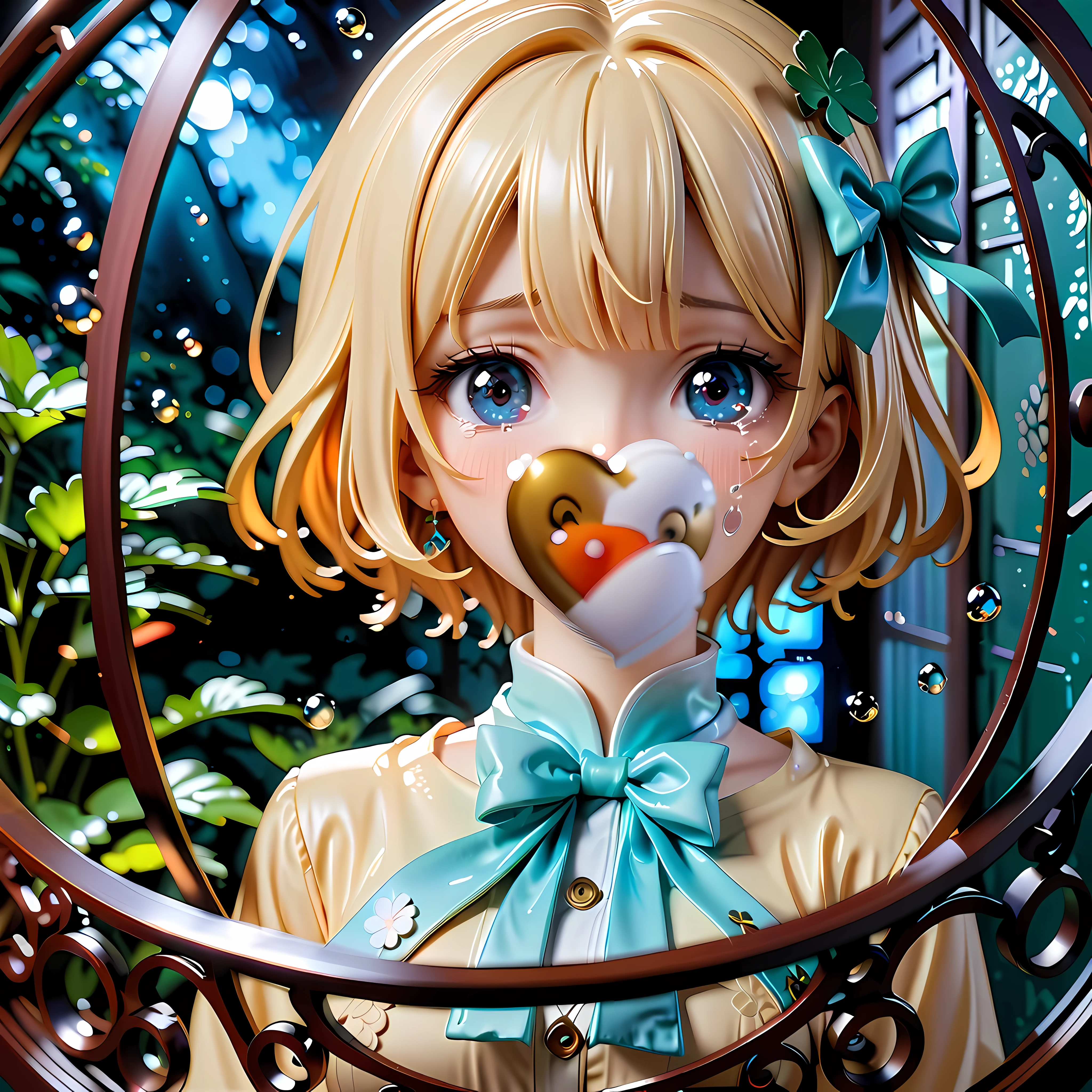 Anime style artwork of blonde girl with blue eyes by window on rainy night, Wearing a white shirt with a blue bow, crying emoticon. Immerse yourself in blue lights to create a dreamy atmosphere. Focus on facial details, Cultivate an emotional connection with your audience, convey a sense of distance, eager, and deep emotions
