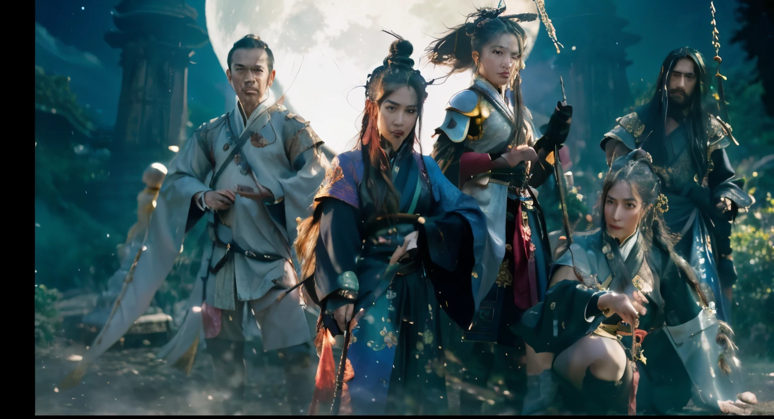 there are many people that are standing in front of a full moon, full body wuxia, artwork in the style of guweiz, wuxia, chinese fantasy, xianxia fantasy, key art, guweiz, by Yang J, 4 k manga wallpaper, guweiz masterpiece, portrait shot