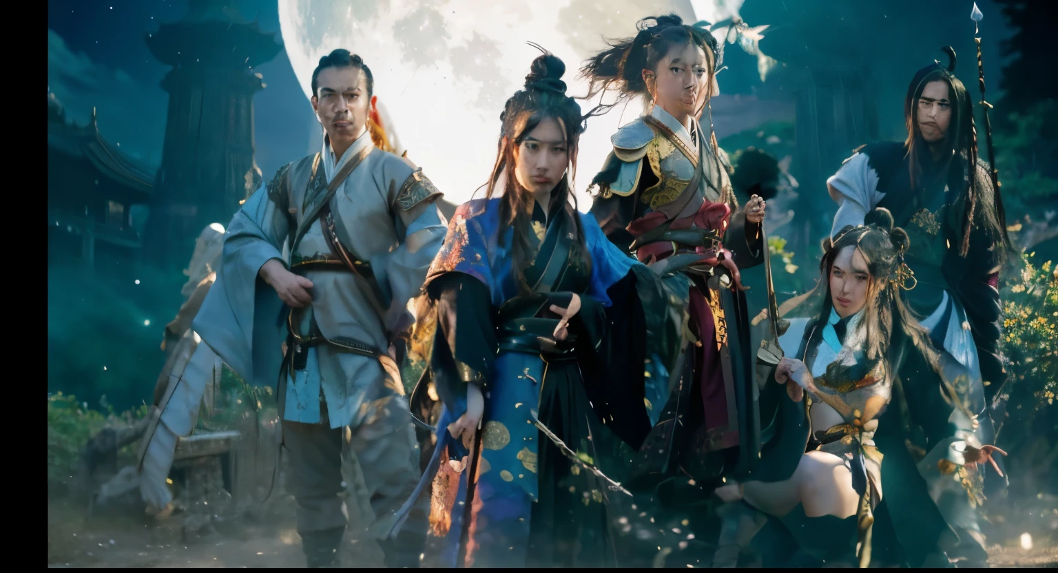 there are many people that are standing in front of a full moon, full body wuxia, artwork in the style of guweiz, wuxia, chinese fantasy, xianxia fantasy, key art, guweiz, by Yang J, 4 k manga wallpaper, guweiz masterpiece, portrait shot