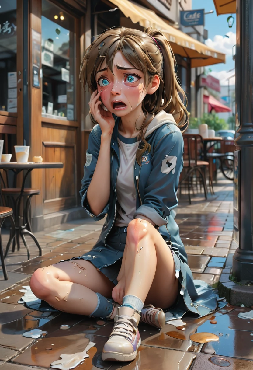 comic art style, anime realism, a girl crying with tear, sit on the floor outside a cafe, (best quality, perfect masterpiece, Representative work, official art, Professional, high details, Ultra intricate detailed:1.3)