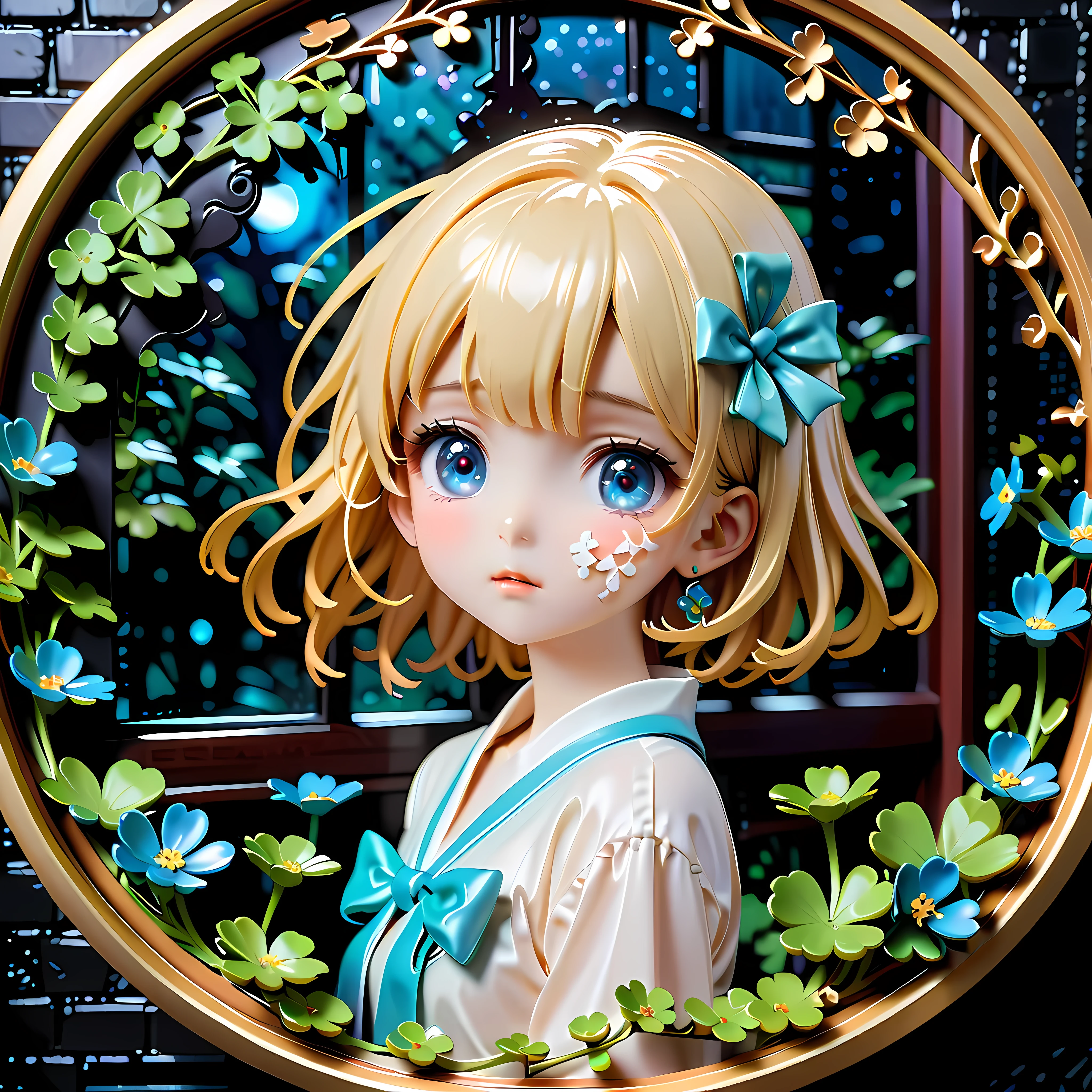 Anime style artwork of blonde girl with blue eyes by window on rainy night, Wearing a white shirt with a blue bow, crying emoticon. Immerse yourself in blue lights to create a dreamy atmosphere. Focus on facial details, Cultivate an emotional connection with your audience, convey a sense of distance, eager, and deep emotions
