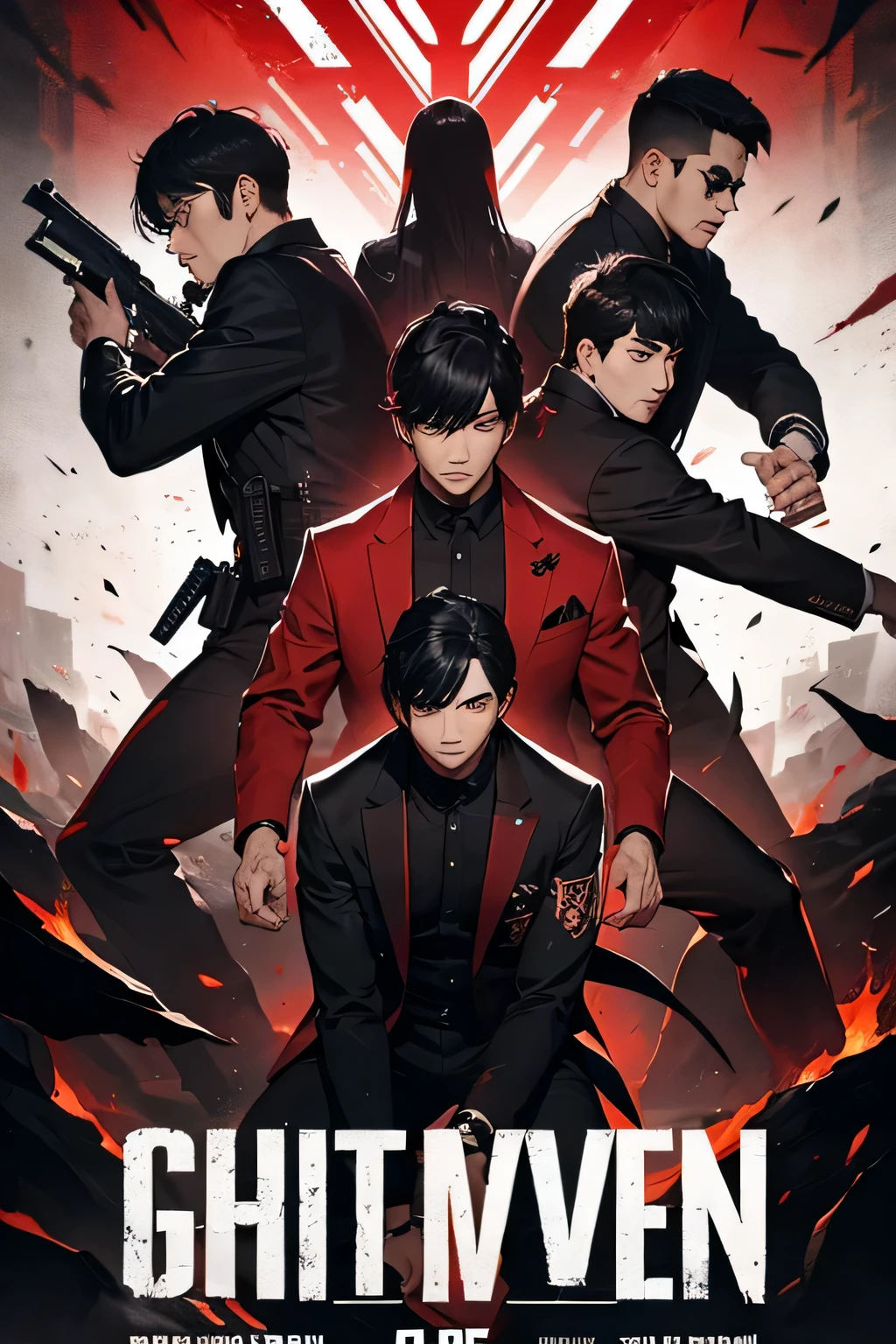 a gang of seven korean men menacing and dangerous, holding guns, grouped together, thriller and mysterious, adrenaline, red and dark colours, book cover style