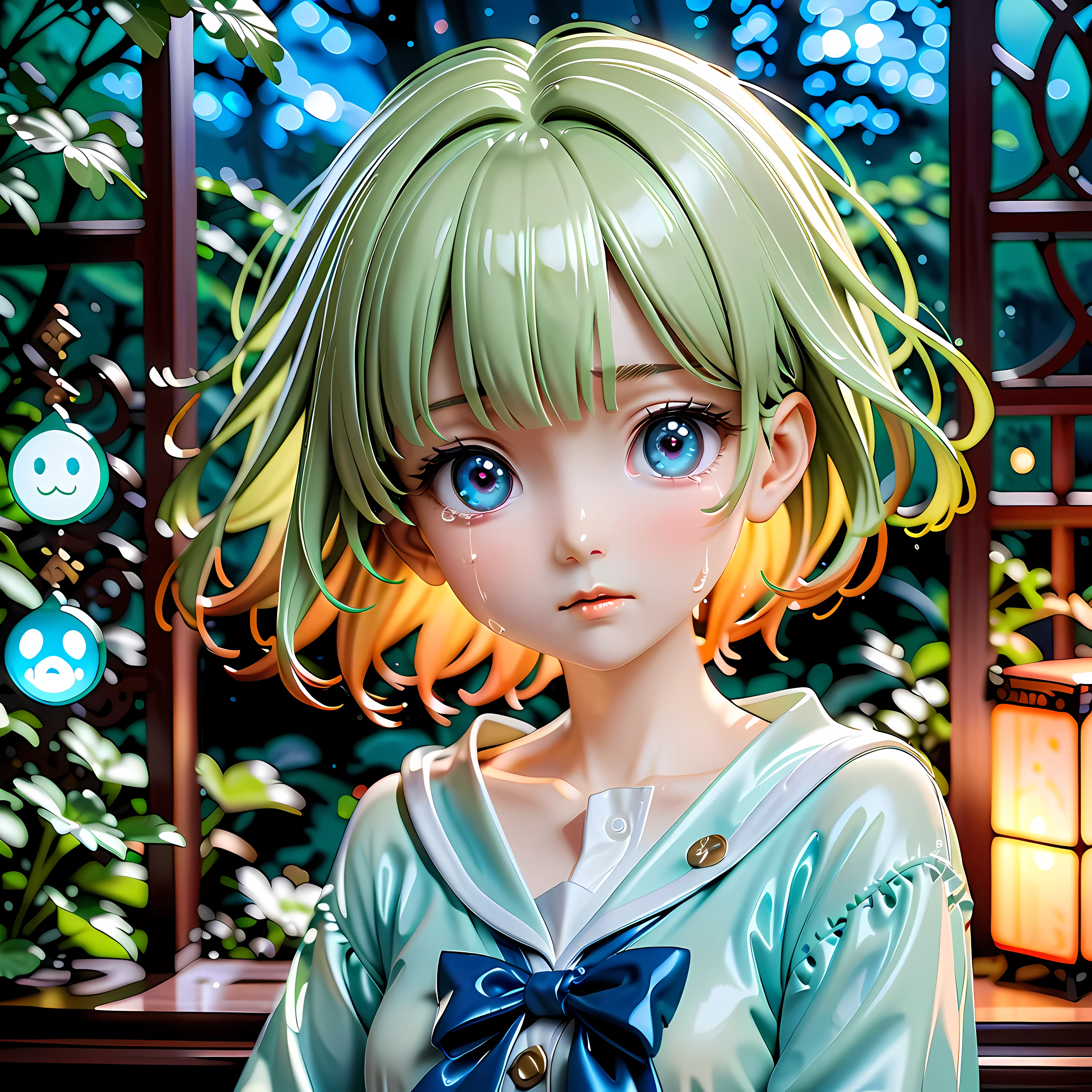 Anime style artwork of blonde girl with blue eyes by window on rainy night, Wearing a white shirt with a blue bow, crying emoticon. Immerse yourself in blue lights to create a dreamy atmosphere. Focus on facial details, Cultivate an emotional connection with your audience, convey a sense of distance, eager, and deep emotions
