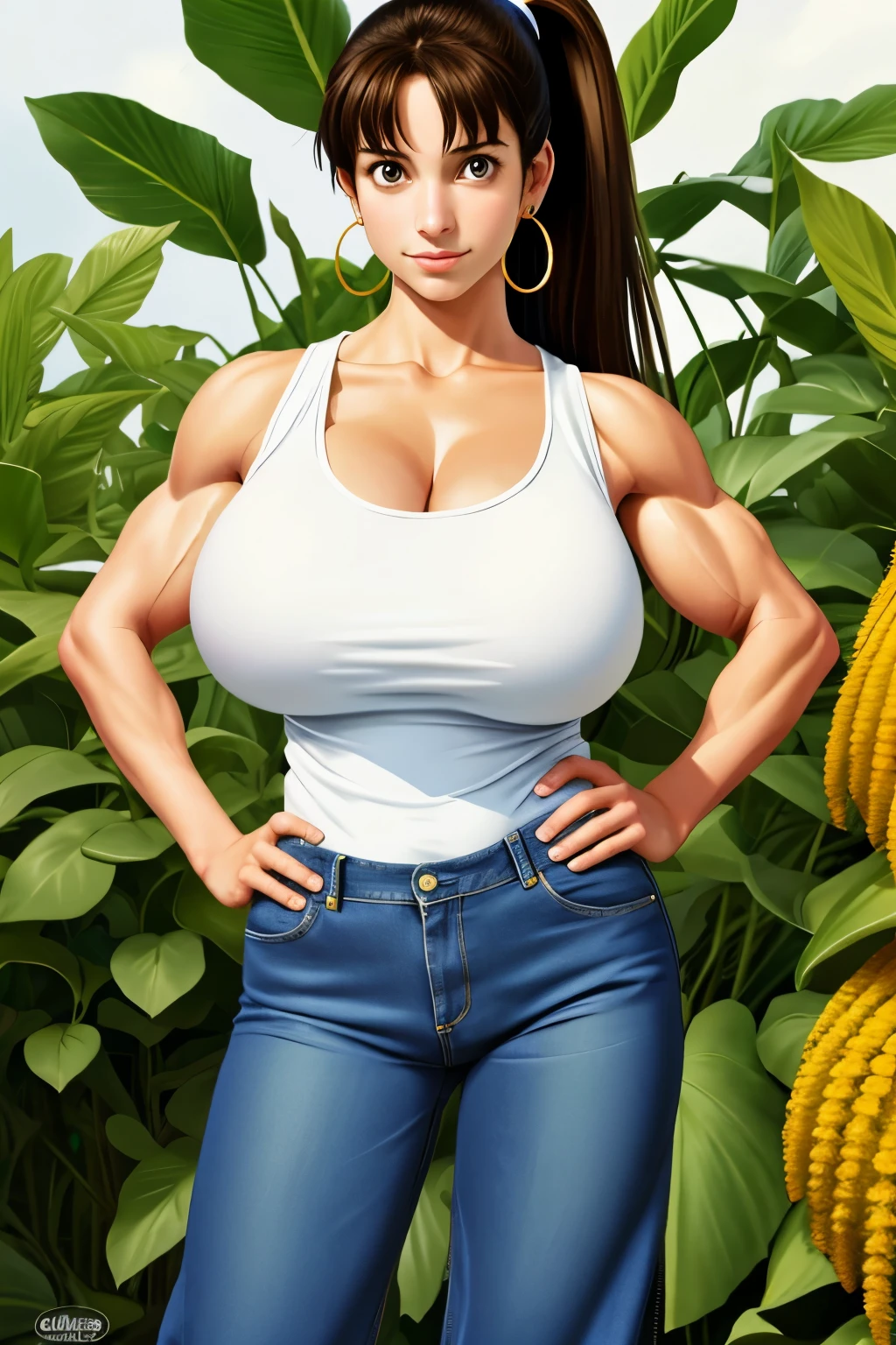 (Natalie Portman:Anne Hathaway:0.5) aged 18, full body shot, head in view, feet in few, wide angle, ((very long hair)), ((ponytail)), (tucked-in long white tank top), ((((big oversized massive huge colossal breasts)))), (skindentation), (bursting breasts), skinny, thin, greenhouse, plants, herbs, ferns, detailed skin, soft lighting, Canon 5D, dark brown hair, [[smile]], seductive look, sexy pose, ((muscles)), tall girl, long legs, hoop earrings, denim pants, bright eyes