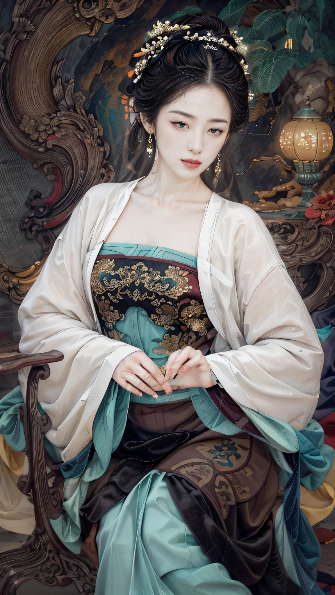 (highest quality,4k,8K,High resolution,masterpiece:1.2),Super detailed,(realistic,photorealistic,photo-realistic:1.37), bright colors,strong contrast, dreamy lighting,Classic beauty,traditional painting style,gorgeous clothes,complex pattern,calm expression,Posed,peaceful garden atmosphere,flowing gown,delicate accessories,exquisite hair ornament,subtle makeup,emerald earrings,whisper of beauty,sublime elegance,feminine elegance,fine brush strokes,rich in details,Seamless fusion of tradition and modernity,chinese classical garden,With the Huangshan Mountains in the background,Artistic expression of a young woman in ancient China,A captivating depiction of timeless beauty.