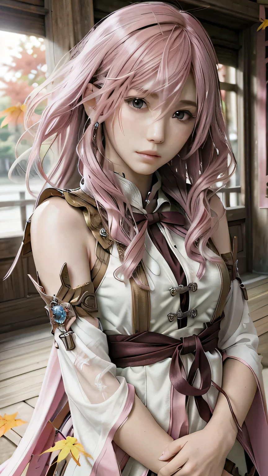 (masterpiece, highest quality:1.3)
 1 girl, alone, long hair, pink hair、autumn leaves、Shrine costume
