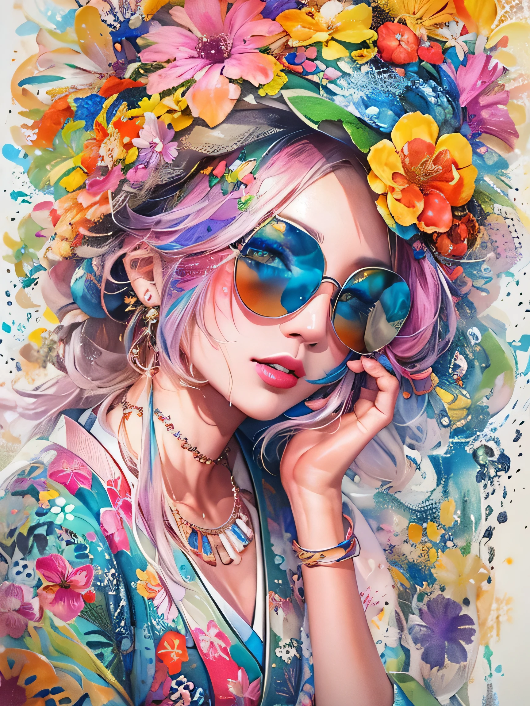 8K quality, Sylvia Pelissero watercolors, intense watercolor, watercolor detailed art, watercolor splash, surreal, avant-garde pop art, Beautiful and expressive paintings, Beautiful artwork illustration, very colorful tones, wonderful, cool beauty, highest quality,official art, vector art,stylish design, (((The strongest beautiful girl of all time))), (((Japanese)))、Idol、clear, Stylish sunglasses, Fashionable hats, (((highest quality))), bob hair, lips in love, HDR, ((Detailed details)), stylish fashion, detailed clothing texture, (((graffiti art))), colorful hair, ((masterpiece))、((Super detailed))、(((colorful flowers)))、