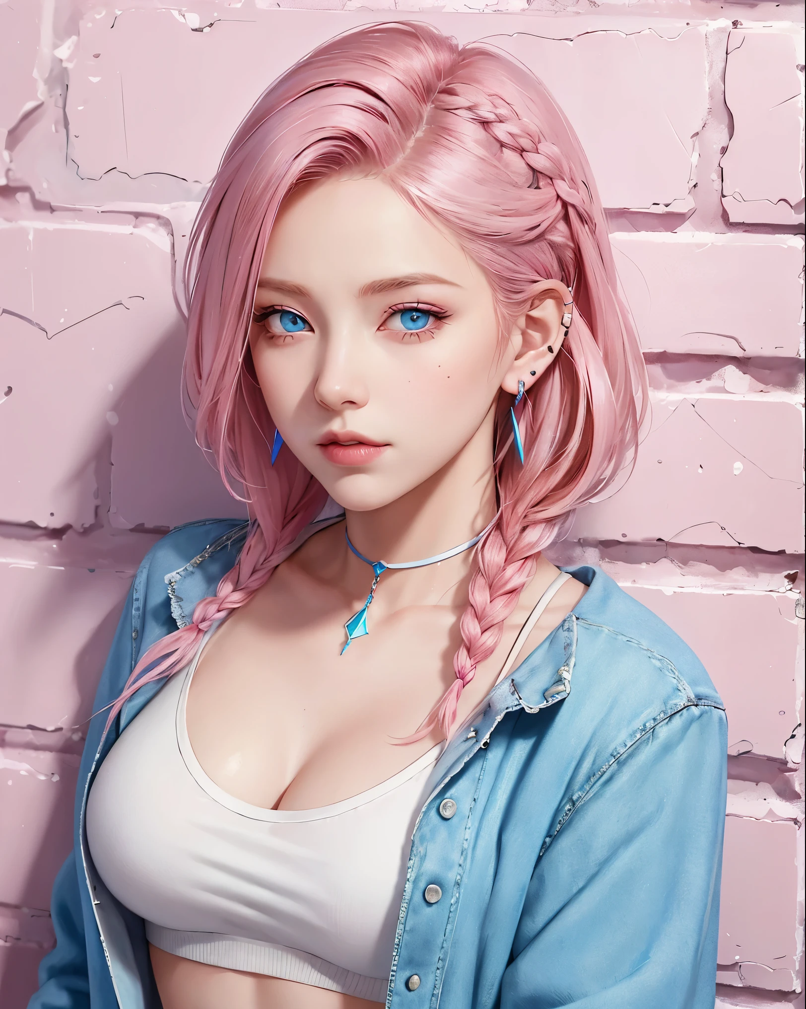(masterpiece, best quality, 1girl, solo, intricate details, chromatic aberration), realistic, ((medium breath)), single braid pink hair,  blue eyes, earrings, sharp eyes, pink lips, choker, neon shirt, open jacket, crop top, (symmetry eyes),(perfect symmetrical body), against wall, brick wall, graffiti, dim lighting, alley ,look at viewer