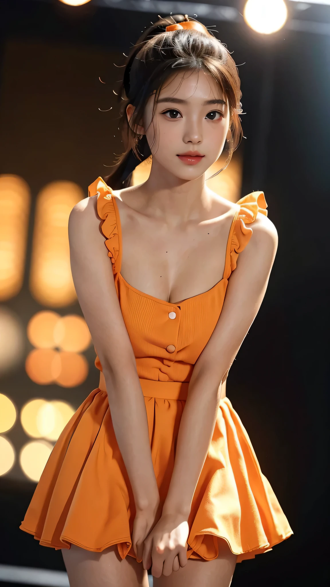 One woman,fully body photo,masutepiece, The highest image quality, High quality, the background is clear,Beautiful woman, Japanese, Detailed, Detailed eyes, Detailed skin, Beautiful skin, 超hight resolution, (reality: 1.4),Very beautiful woman, Slightly younger face, Beautiful skin, slender, (Ultra photo realsisim), (hight resolution), (8K), (Very detailed) (beautifully detailed eyes), (super detailed), (Detailed face), view the viewer, Fine details, Detailed face, Staring straight ahead, Staring straight ahead, photos realistic, Bright lighting, Professional Lighting, Black hair,poneyTail,a ,sixteen ye is ponytail,long ponytail hairstyle,slight smile,Long orange dress with lots of ruffles, soft shaped skirt, standing on stage, orange ribbon on her head, not revealing too much skin, she is wearing a skirt with lots of ruffles,She wears a cute outfit with lots of frills.