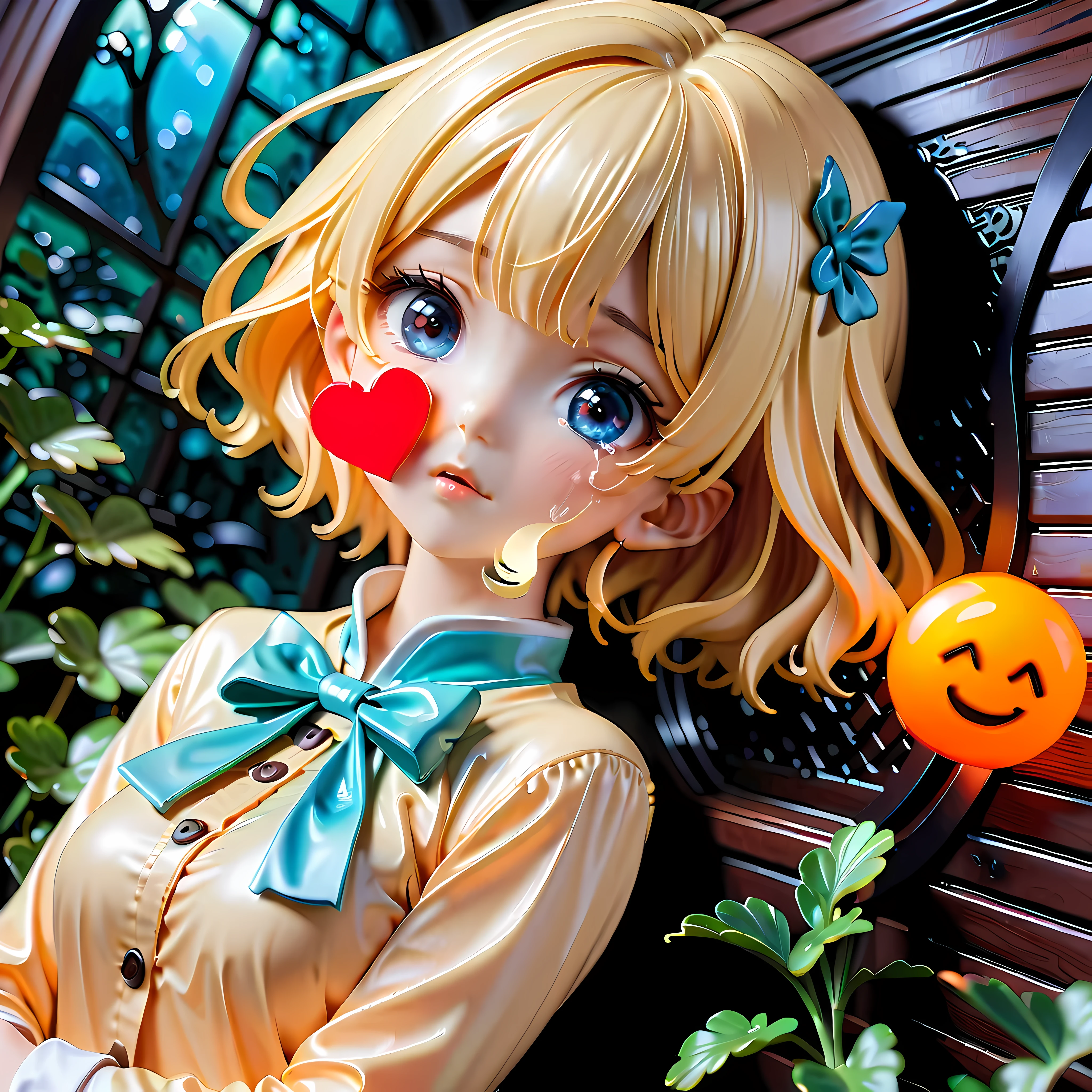 Anime style artwork of blonde girl with blue eyes by window on rainy night, Wearing a white shirt with a blue bow, crying emoticon. Immerse yourself in blue lights to create a dreamy atmosphere. Focus on facial details, Cultivate an emotional connection with your audience, convey a sense of distance, eager, and deep emotions
