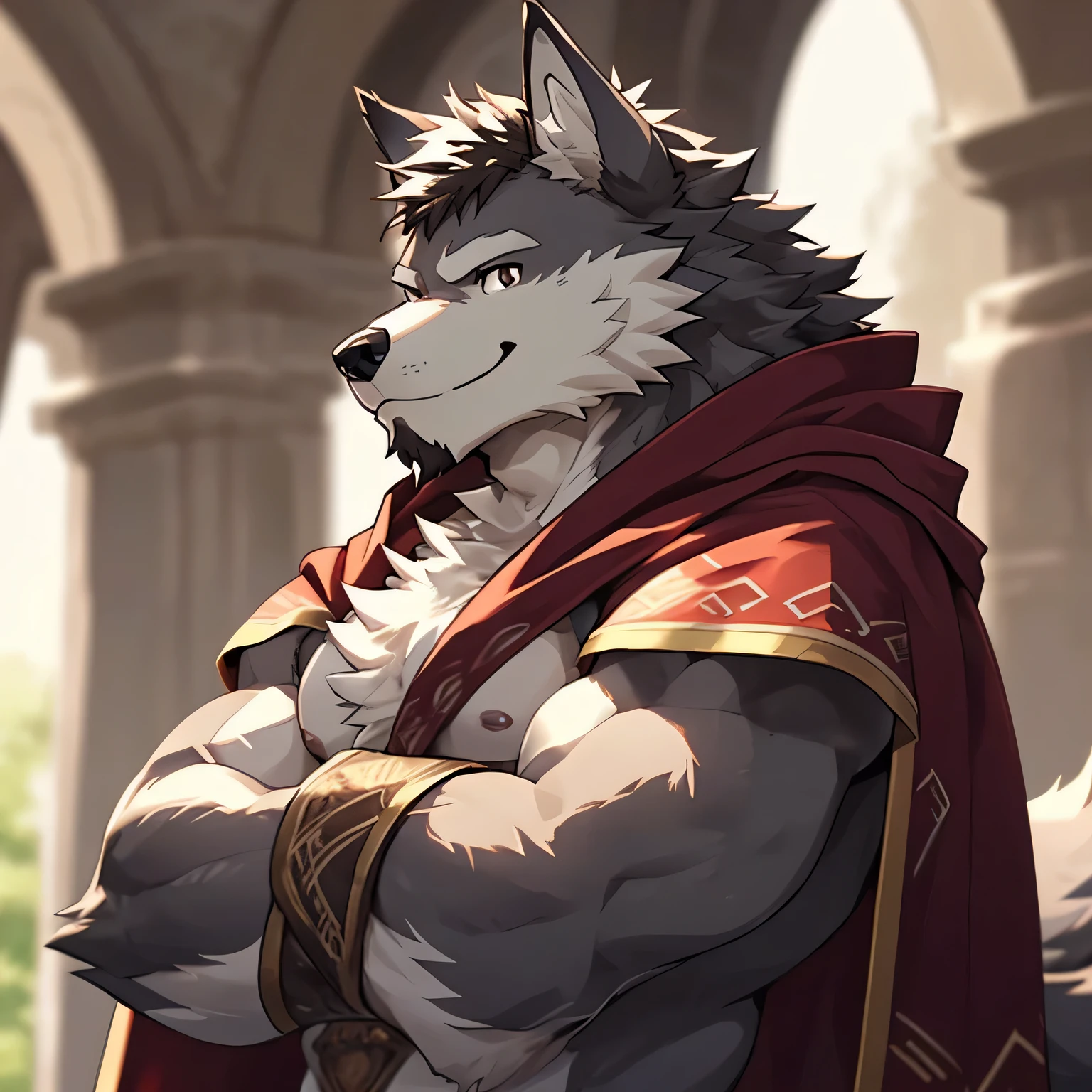 a scene in, depth of field, motion blur, ridiculous, looking at the audience, (best quality), (masterpiece), (super detailed), sharp focus, Genji, Eye, black Eye, hairy, alone, light white fur, brown fur, black beard, face up close, Profile picture, arms crossed, blink, Smile, human nature (Wolf), male, (Wolf), middle aged, muscular, knight clothing, red cherry long cloak, super detailed face,topless(((2 boys)))
