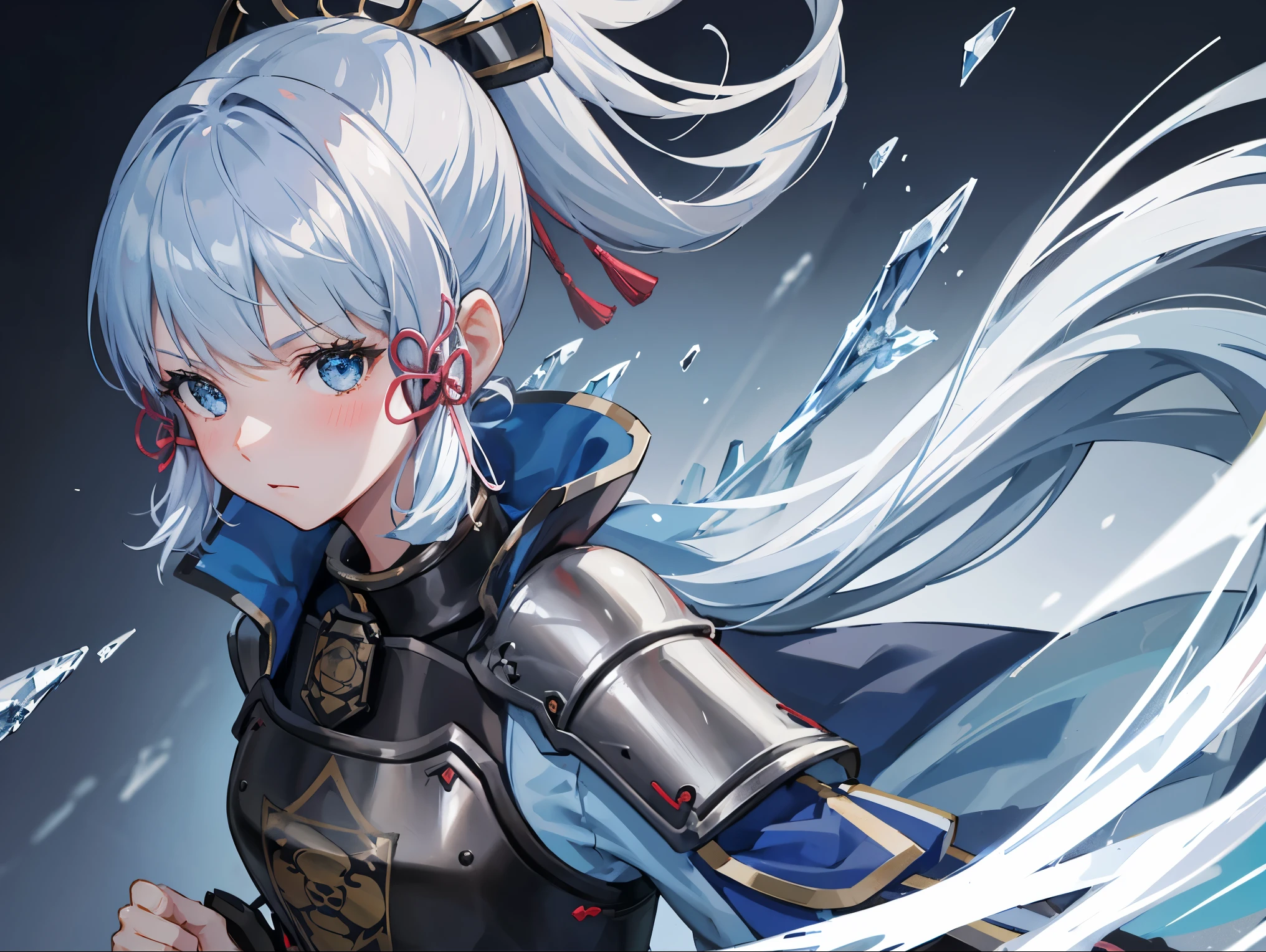 look at viewer, 1 girl, best quality, blue hair, blue eyes, Japanese-style armor, sword in hand, icy, kamisato ayaka, whole body, blush, serious face、Super detailed、High level image quality、High resolution、Depth of the bounds written,white background,A sword as big as your body,The perfect human body