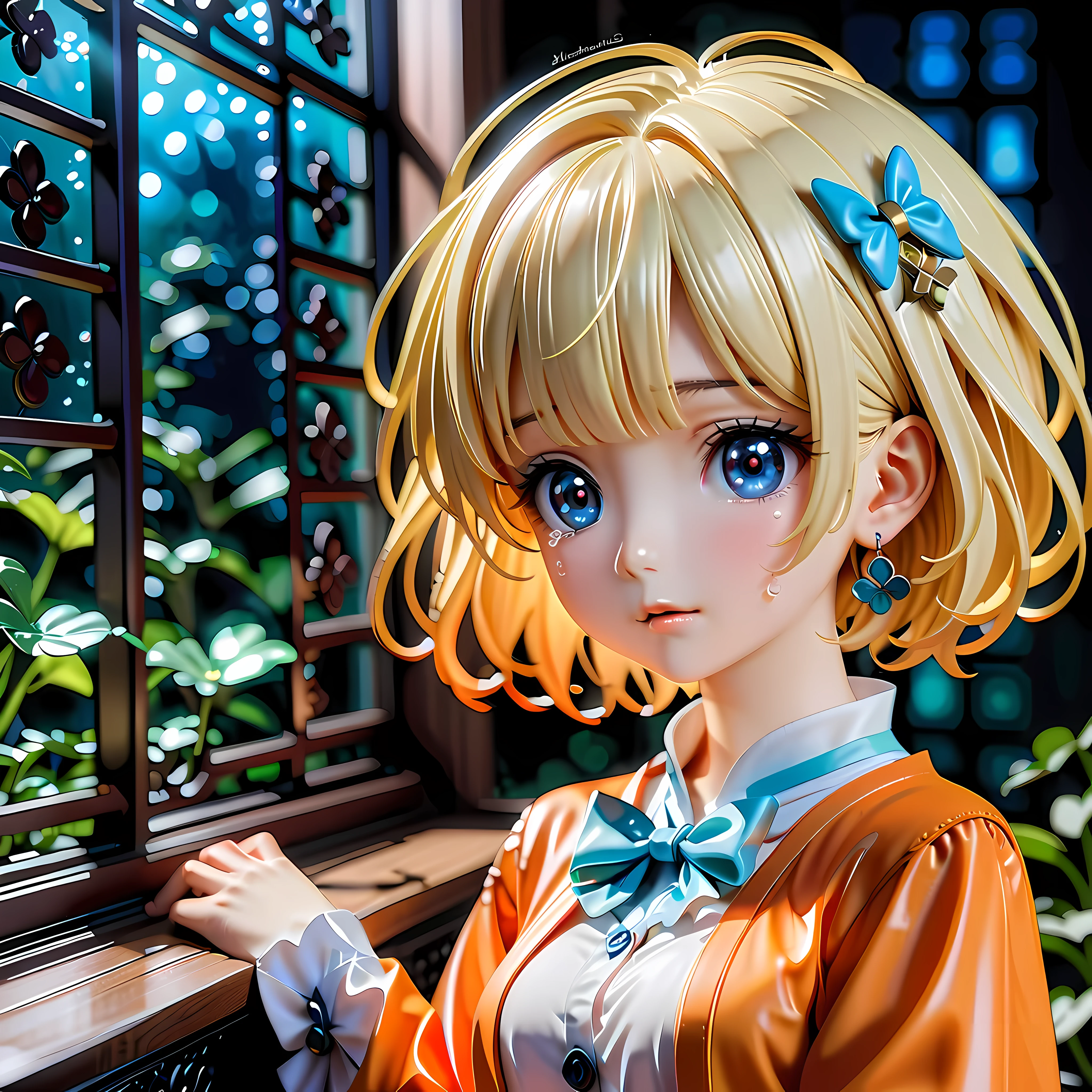 Anime style artwork of blonde girl with blue eyes by window on rainy night, Wearing a white shirt with a blue bow, crying emoticon. Immerse yourself in blue lights to create a dreamy atmosphere. Focus on facial details, Cultivate an emotional connection with your audience, convey a sense of distance, eager, and deep emotions
