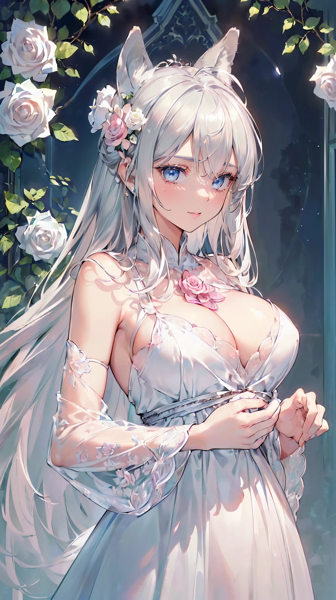 (((masterpiece))), (((highest quality))), ((ultra-detailed)), ((super fine illustration)), ((ultra-fine painting)), (16K highest quality wallpaper:1.4), (upper body:1.4), (Highly detailed and delicate illustration style,:1.8) detailed skin texture, detailed cloth texture, detailed rose flower texture, detailed wood texture, extreme detailed description, (T-masterpiece), (highly detailed face:1.4), original, RAW photo, professional, Intricate details, super details, Direct light:1.6, (Perfect anatomy:1.4), (highly detailed hands:1.2), (highly detailed fingers:1.2), (highly detailed fingertips:1.2), (22-years-old), real, (solo:1.6), (A very beautiful and attractive silver fox fashion model who is a messenger of God and a traditional sacred shrine maiden:1.4) BRAKE (Beautiful and adorable silver fox ears:1.6), (Highly detailed and delicate silver fox ears:1.4), (beautiful and well-shaped big breasts:1.2), (beautiful and well-shaped buttocks), (beautiful and shiny silver hair:1.6), (highly detailed and delicate silver hair:1.4), (beautiful clear blue eyes that shine with great detail:1.6), (highly detailed and delicate blue eyes:1.2), (highly detailed face:1.4), (smile:1.4), (looking at viewer:1.4), (standing:1.4), (Celebration:1.4) BRAKE ((A beautiful and gorgeous princess dress that is detailed and delicate to be worn at celebratory occasions:1.4)) BRAKE ((Holding in both hands a large bouquet of highly detailed and delicate ((white and pink roses)):1.3)) BRAKE (Just after noon:1.4), (Celebration:1.4), ((Highly detailed and delicate white rose flower and pink rose flower garden background:1.4)), (Highly detailed and delicate royal palace courtyard background in just after noon in spring:1.4) BRAKE 
