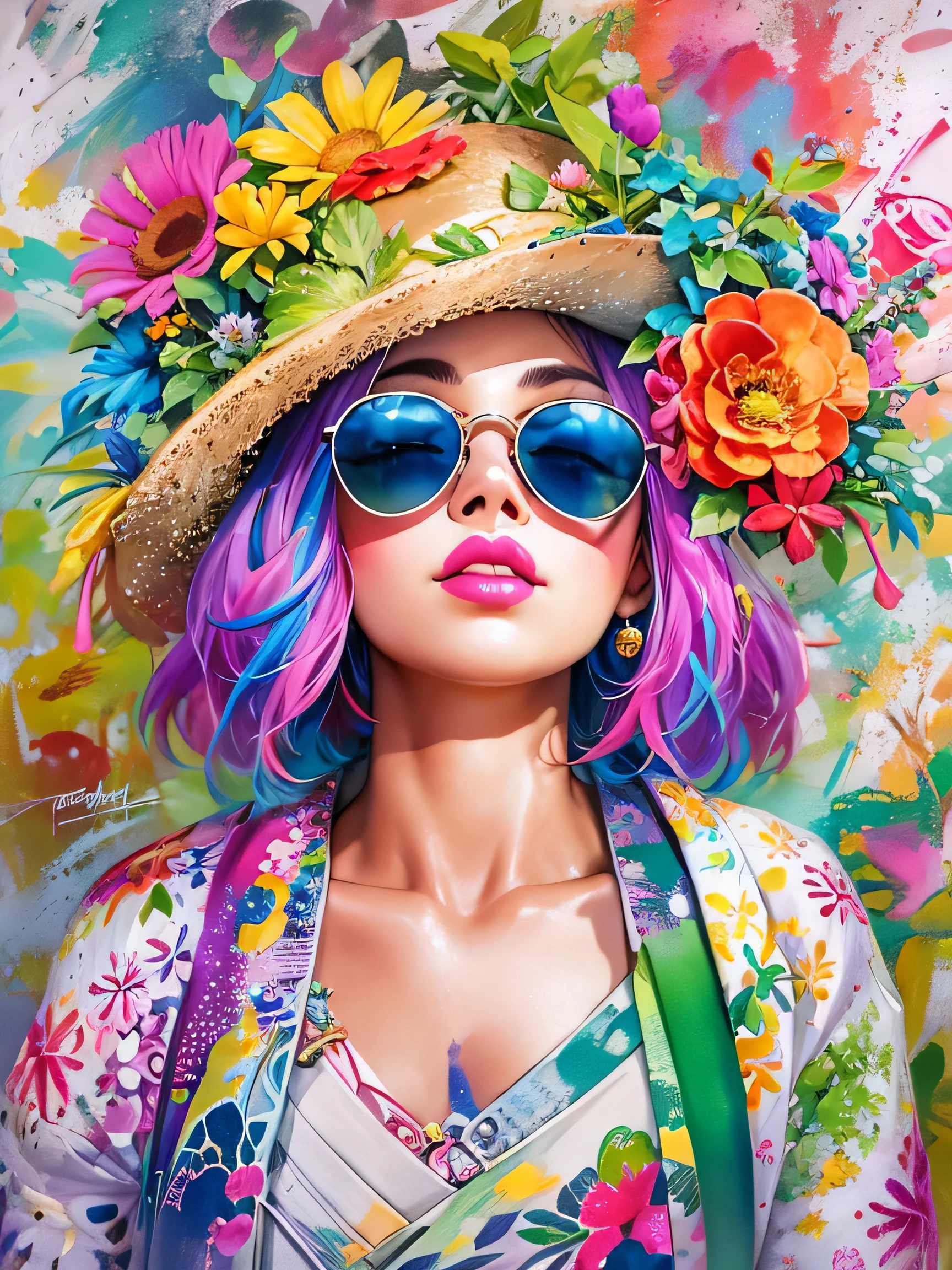 8K quality, watercolor painting, stylish design, (((The strongest beautiful girl of all time))), (((Japanese)))、Idol、clear, Stylish sunglasses, Fashionable hats, (((highest quality))), bob hair, ((lips in love)), HDR, ((Detailed details)), stylish fashion, detailed clothing texture, (((graffiti art))), colorful hair, ((masterpiece))、((Super detailed))、(((colorful flowers)))、Navel exposure、I can see your nipples、Fashionable underwear