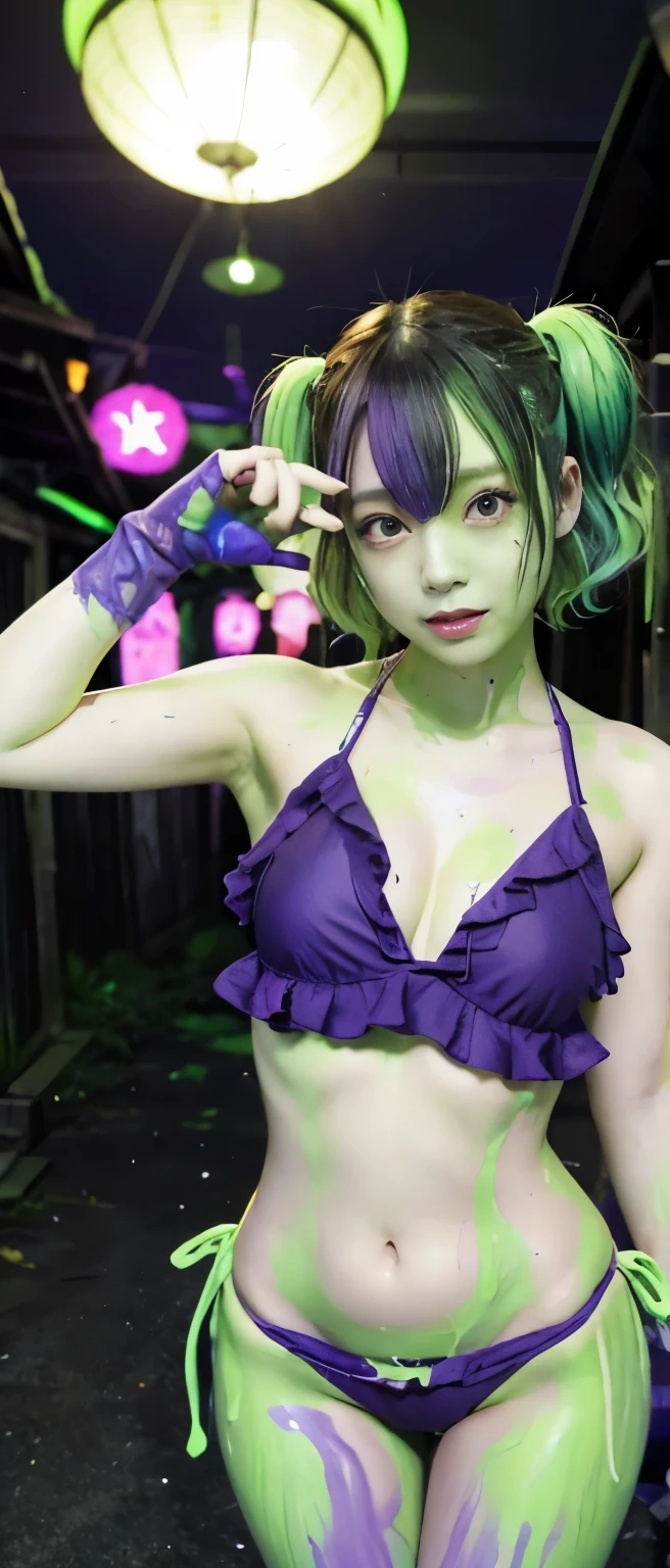 cute horror idol、whole body、good style、、、、、Swimsuit covered in green paint、Zombie Dance、glowing haunted house、colorful hair