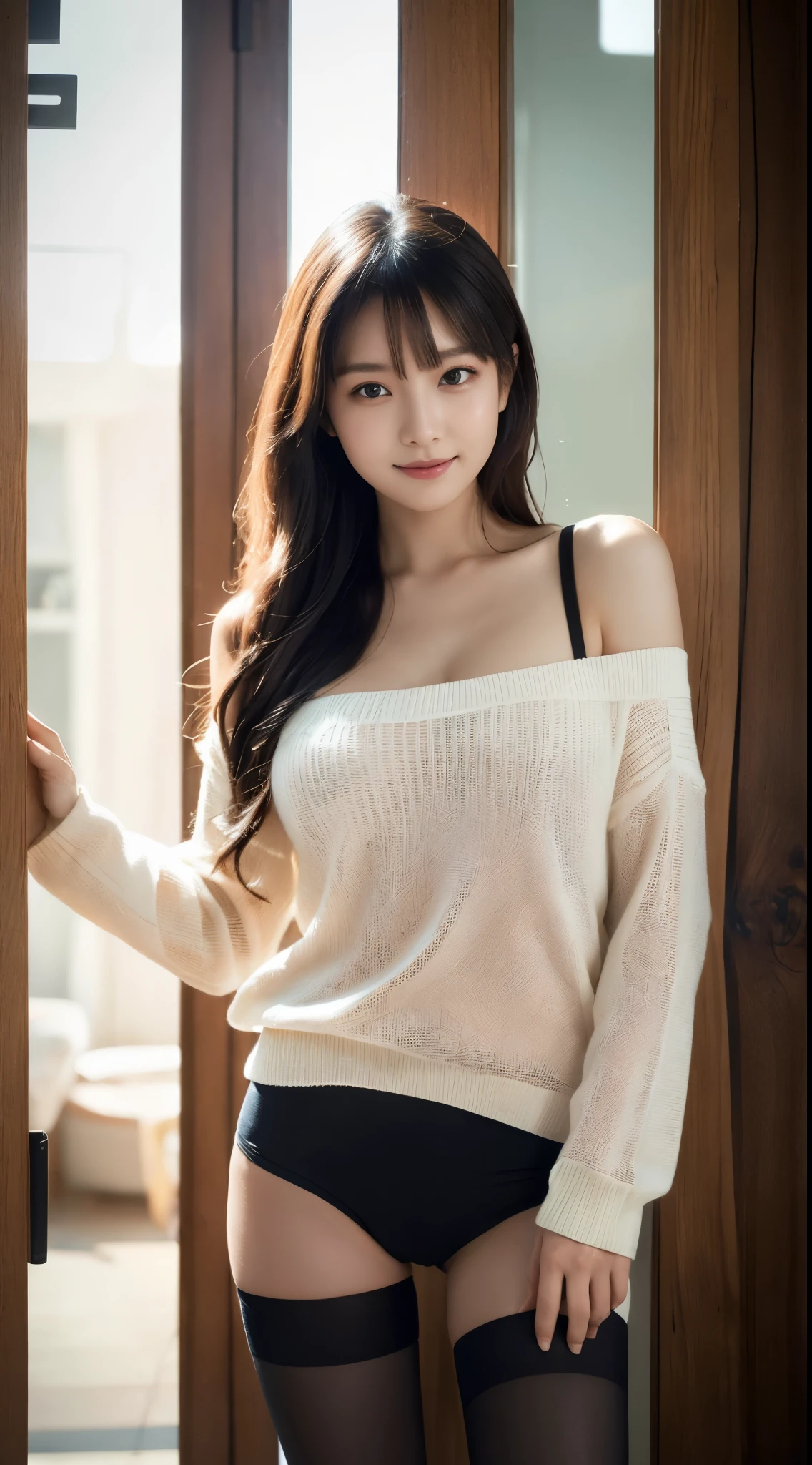 ulzzang-6500-v1.1, (Raw photo:1.2), (Photoreal), (See-through:1.3), (genuine: 1.4), 驚異的な美しさのrussian girl、、height　154cm、turned into slime、small、smile of shame、wearing a loose sweater、wearing a loose sweater、show your shoulders、clavicle、(smallパンティーを履いてください)、(wearing pantyhose,realistic pantyhose)、while opening the door、russian model, russian girl, Neat and clean Russian woman, russian goddess, Raw photo, (In 8K、highest quality、masterpiece:1.2)、(intricate details:1.4)、(Photoreal:1.4)、octane rendering、Ultra-detailed complex 3D renderings, soft light in the studio, rim light, vivid details, super detail, realistic skin texture, Surface details, Beautiful eyes in every detail, Highly detailed CG Unity 16k wallpaper, compensate, (detailed background:1.2),　shiny skin、exposed thighs!!!、