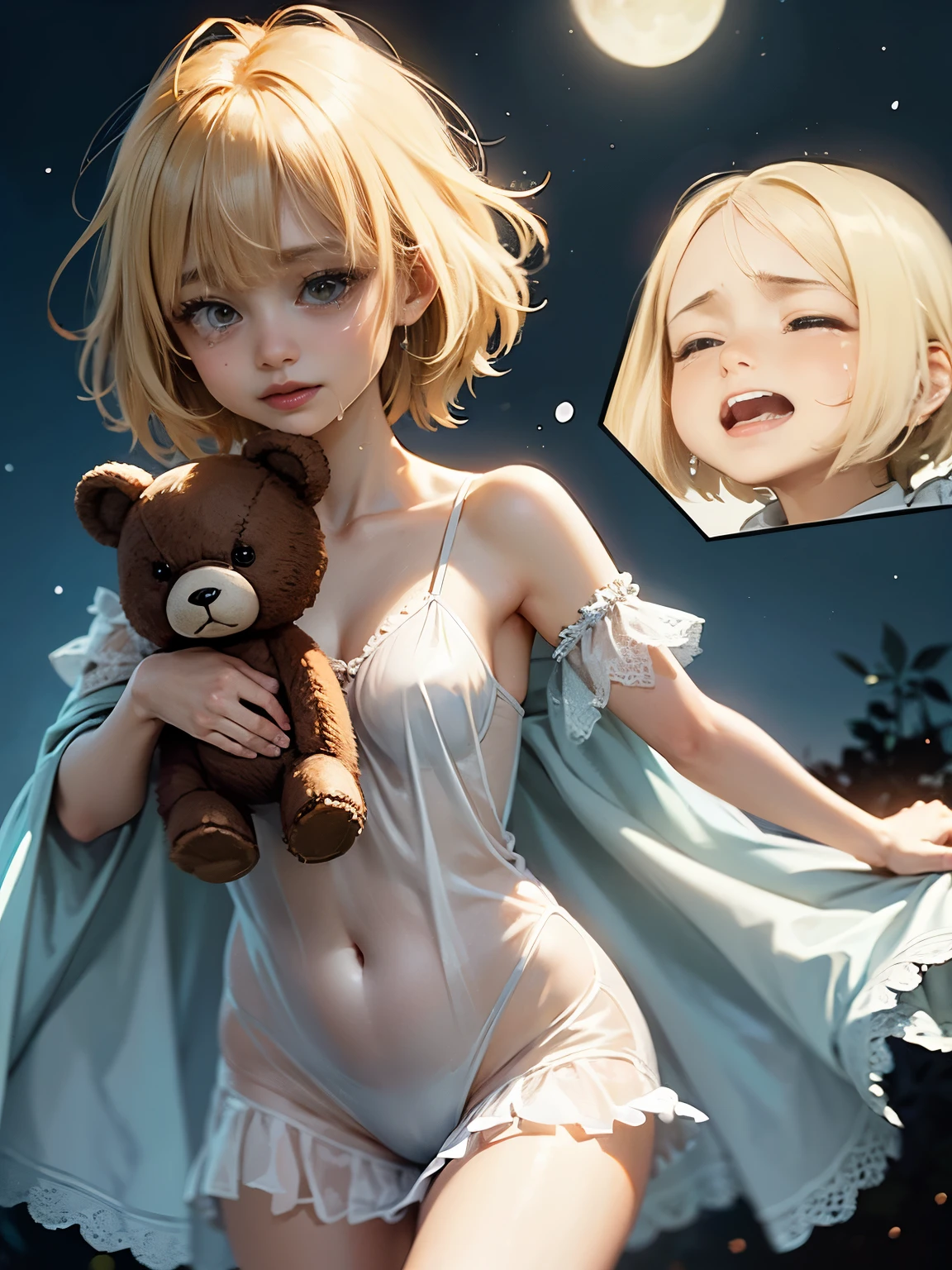 A cute woman is mad, she is sobbing, cartoonishly over exaggerated sobbing, puffy cheeks, puffy eyes, tears shooting out like little streams of water, heavy tears hang from her chin, dressed in a sheer night gown, holding her teddy bear