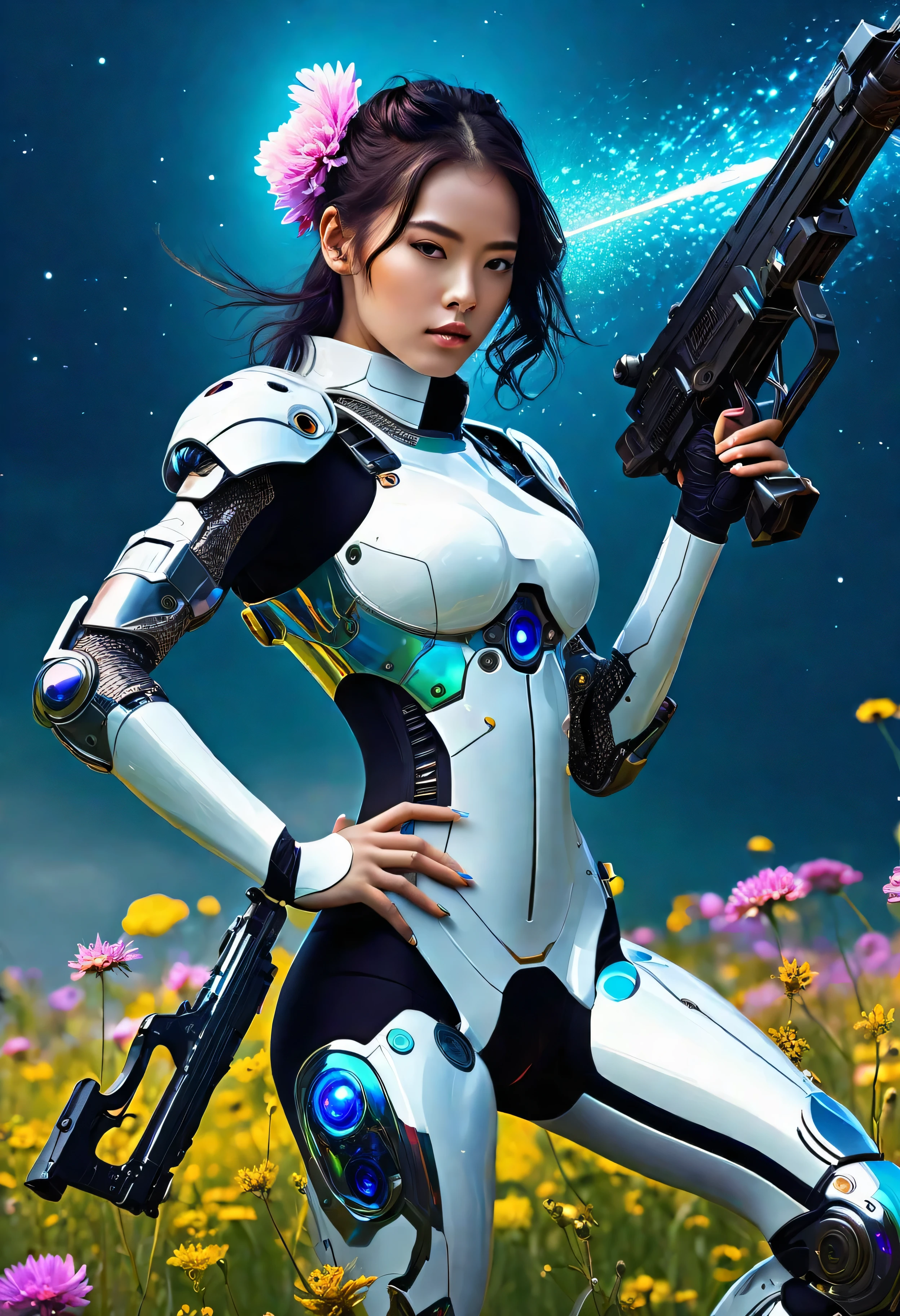 araffe woman in a futuristic suit with a gun in her hand, girl with mecha cybernetic armor, garota soldado mecanizada, sociedade cg e fenghua zhong, perfect android girl, cute garota ciborgue, mecha de garota anime cyberpunk, mecha feminina, linda garota ciborgue, garota ciborgue, wojtek fus, retrato garota astronauta blindada, mechanized valkyrie girl, 
Em uma obra de arte digital fascinante, a vast expanse unfolds, com um prado e flores abaixo, emanating vibrant bioluminescent hues against the backdrop of space. Its ethereal form is a fusion of iridescent hues, adornado com escamas que brilham como joias preciosas, and adorned with intricate patterns that seem to sway with vitality. Gavinhas radiantes se estendem de seu ser, casting an otherworldly luminescence into your environment, Showing off its celestial magnificence in breathtaking high definition