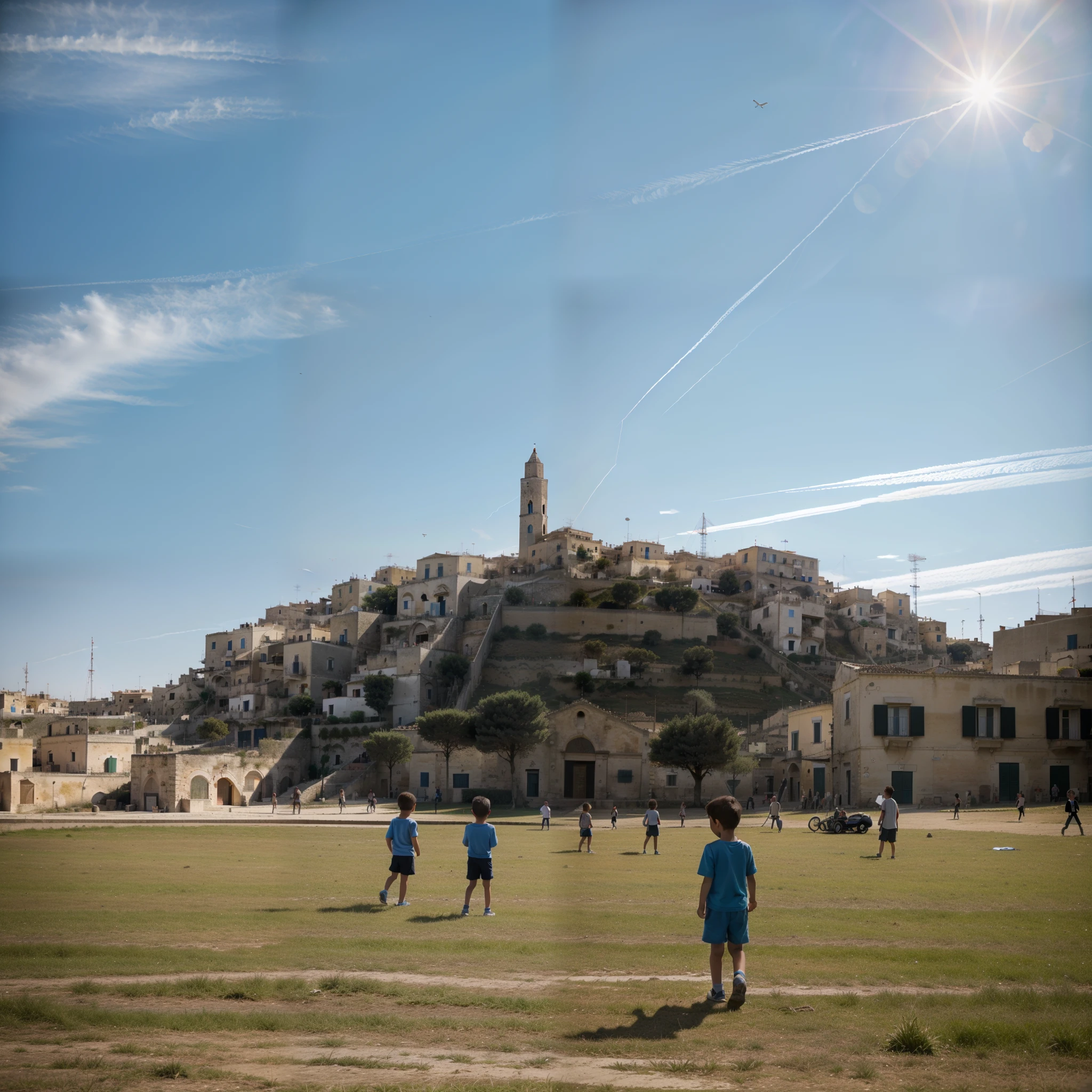 matera, sassi_di_matera, children on a Field watching up the sky, Blue Sky with chemtrails, Morningsun, wide angle
