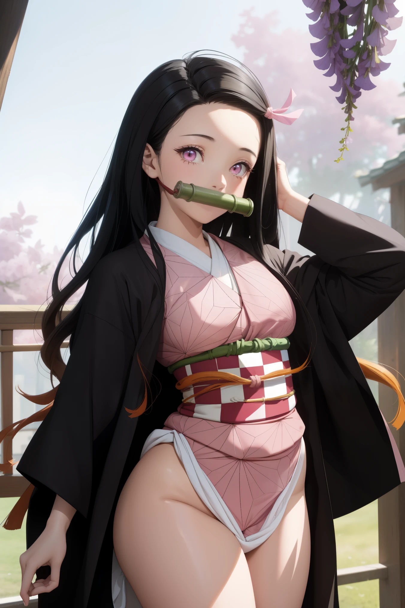 masterpiece, (pink kimono), seductive face, view at viewer, good lighting, low-cut, fine details, masterpiece, glowing eyes, 1girl, black hair, gag, bamboo, Nezuko Kamado, wisteria background, masterpiece, best quality, POV, whole body, wide hips, thighs 