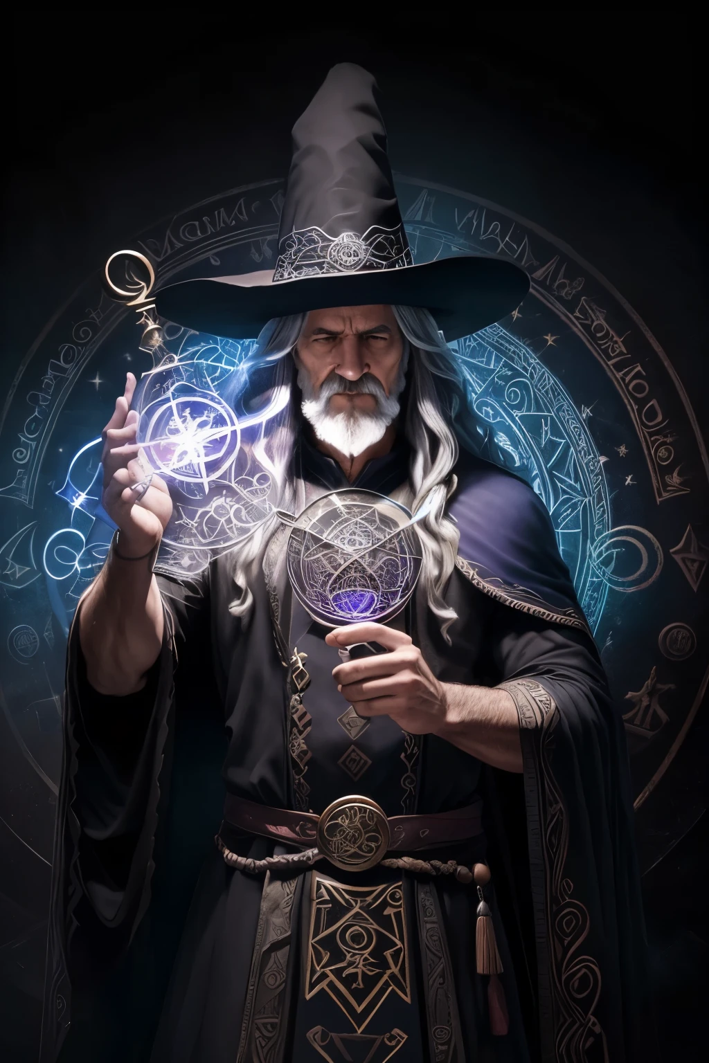 ((gran mago y maestro de la magia)), ((Wizard's robes)), ((macho maduro)), tonificado, ((mago masculino)), Obra maestra, HDR, solo, parte superior del cuerpo, lovely expression, ((piel oscura)), magical runes surrounding it, Magic circle in the background