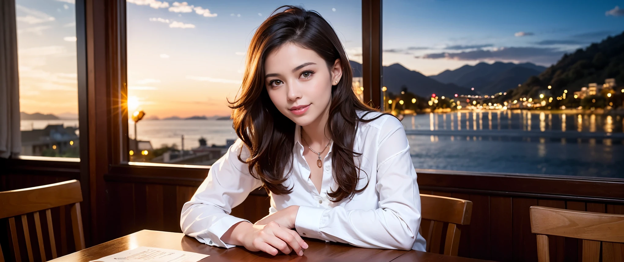 K, Hmm, highest quality, masterpiece: 1.2), (realistic, photorealistic: 1.37), Spectacular view of the sunset sKy and clouds、Amazing mountain views、3 slim beauties, (slim face),Happy、 the best smile、Fox face、Berry Short、(because I'thin), (brown hair), (shortcut), long sleeve shirt、winter fashion、Colombian、Brazilian、Japanese、Dutch、German、Portuguese、Belgian、Italian、French,Champagne、sparKling wine、 (squirt), (slim body), (brown hair), (shortcut), neat beauty、cheeKs turn a little red, (35 years old), 38 years old, alone, A beautiful and detailed night view spreads out outside the window....., restaurant, wine glass is sitting, At night, in a prominent place (from the Upper body) nova frog style, actress, model, Upper body, White wine, slim, wine glass, Very beautiful night view, wine glass Put in the Middle, Happy smile, (smile: 1.15),