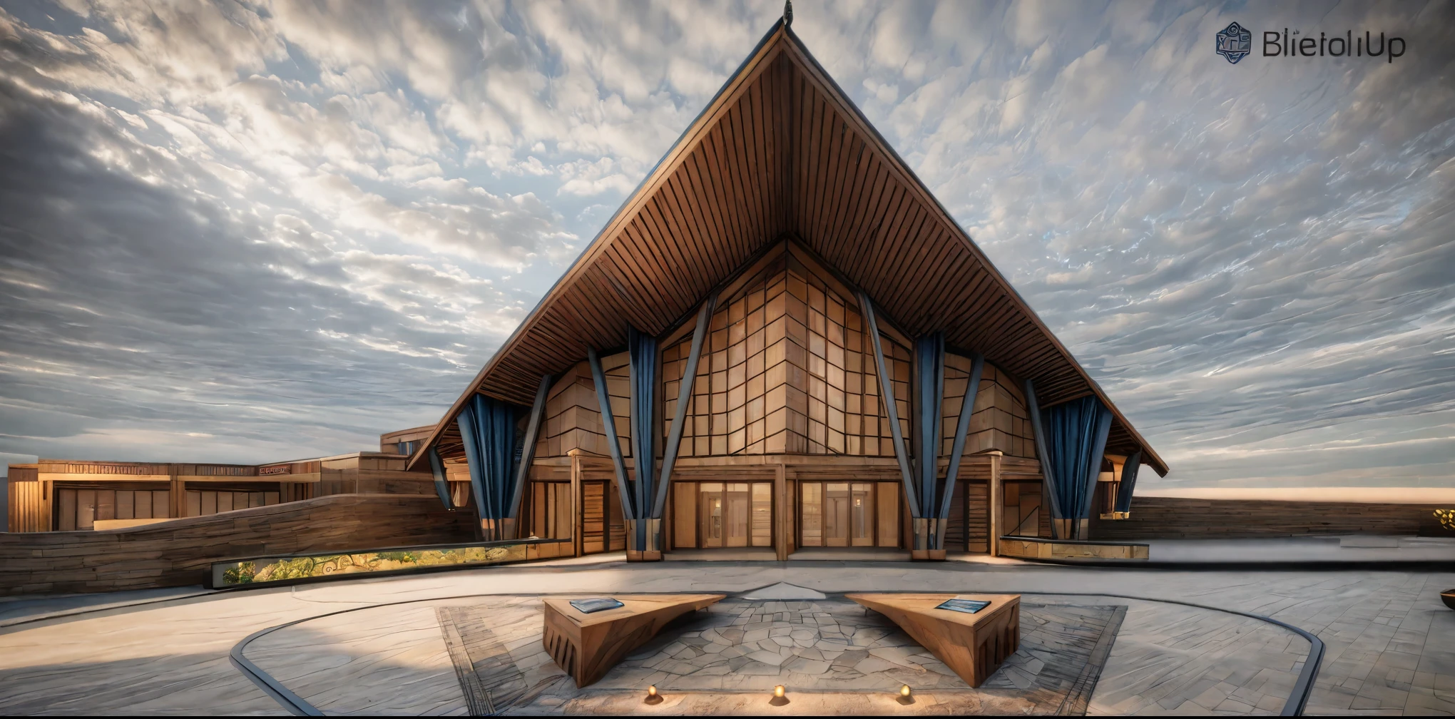 arafed wooden church with a bench and a sky background, tibetan inspired architecture, architectural visualization, architectural rendering, highly rendered!!, convention center, ecclesiastical,  highly rendered, rendered in lumion pro, architectural render, rendered in lumion, highly detailed render, highly photographic render, vray rendered, architectural 3d render, rendered in v-ray, front perspective, ultra-realistic,