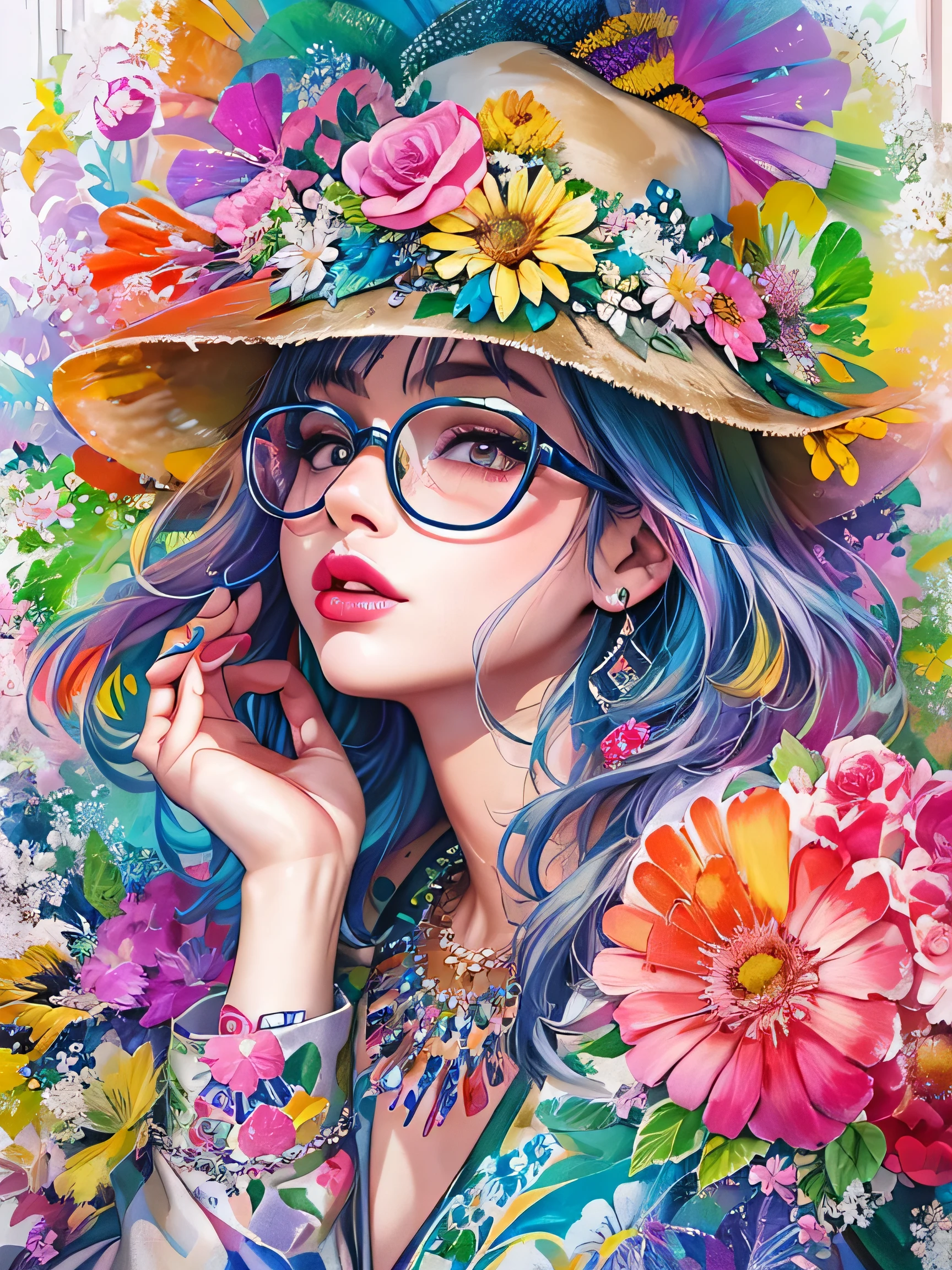 8K quality, Sylvia Pelissero watercolors, intense watercolor, watercolor detailed art, watercolor splash, surreal, avant-garde pop art, Beautiful and expressive paintings, Beautiful artwork illustration, very colorful tones, wonderful, cool beauty, highest quality,official art, vector art,stylish design, (((The strongest beautiful girl of all time))), (((Japanese)))、Idol、clear, stylish glasses, Fashionable hats, (((highest quality))), bob hair, lips in love, HDR, ((Detailed details)), stylish fashion, detailed clothing texture, (((graffiti art))), colorful hair, ((masterpiece))、((Super detailed))、(((colorful flowers)))、Colorful Hearts