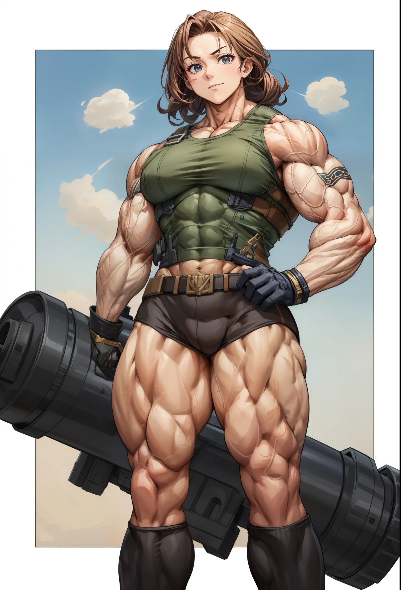  , best quality,1 girl, female,,beautiful,muscular ,,military,muscular shoulder,,,muscular female, alternate muscle size,cannon