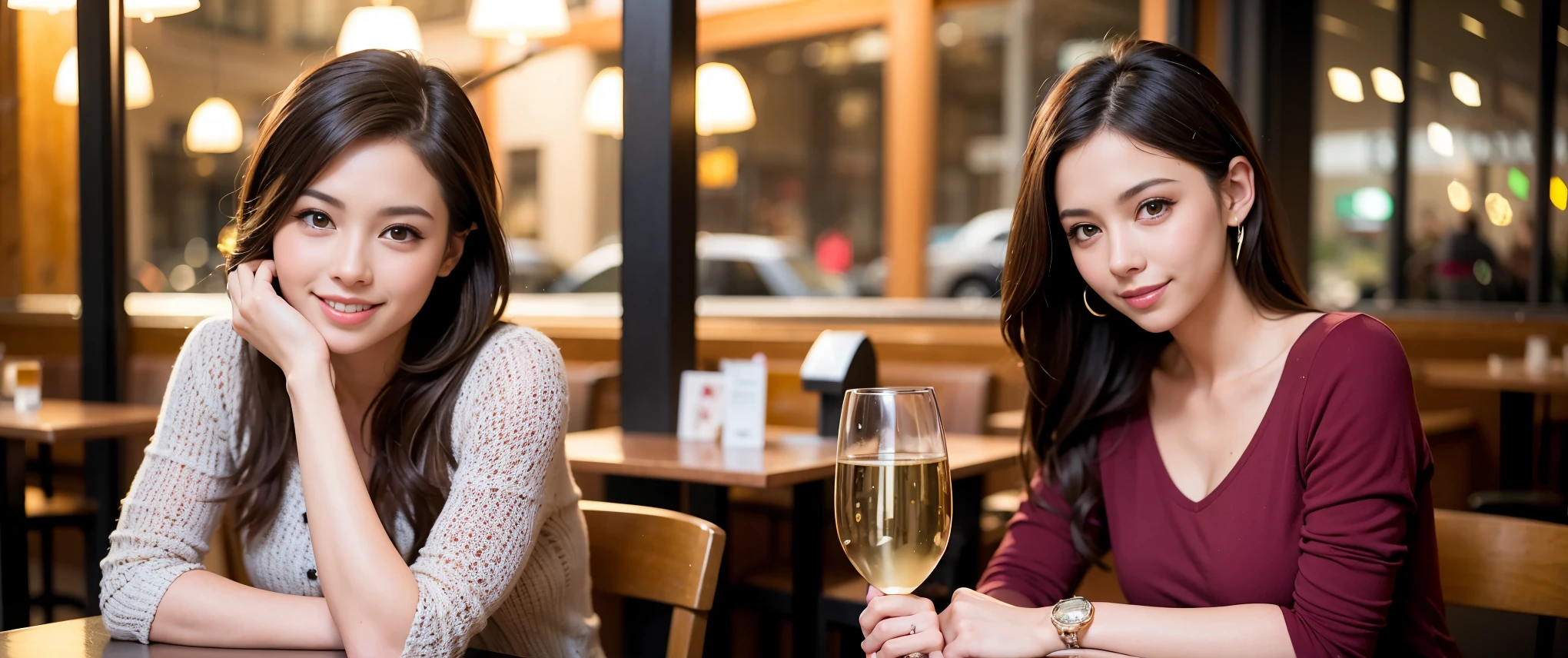 en gardant cette même description, je veux maintenant la voir en terasse avec des copines, un verre de vin à la main