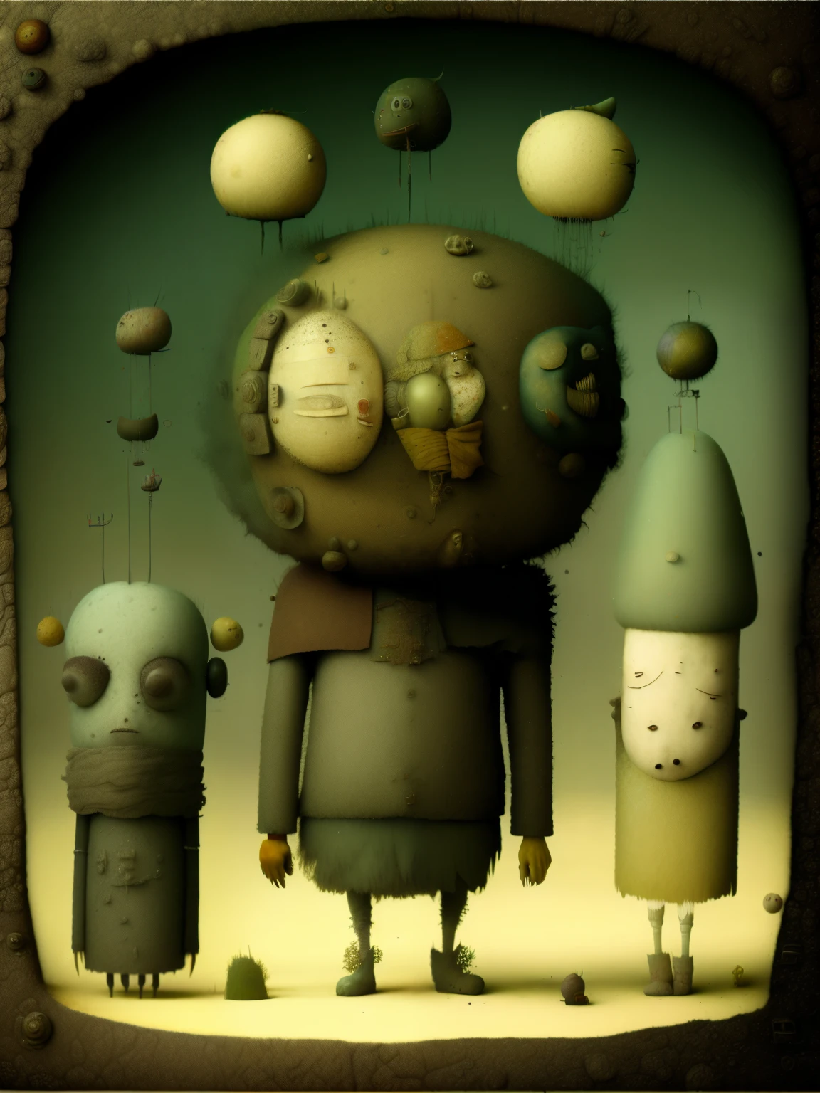 Strange  musicians, personajes de dibujos animados vestidos con abrigos y sombreros , Anton Semenov, Personajes de Maquinarium, Pupilas dot, Tres ojos, Seis de Little Nightmares, 3 cabezales, tres cabezas, sonrisas espeluznantes, , Somber, por Yi Inmun, Teniente Tadeusz Brzozowski, pocos globos oculares, horripilante!!, Arte conceptual post grunge