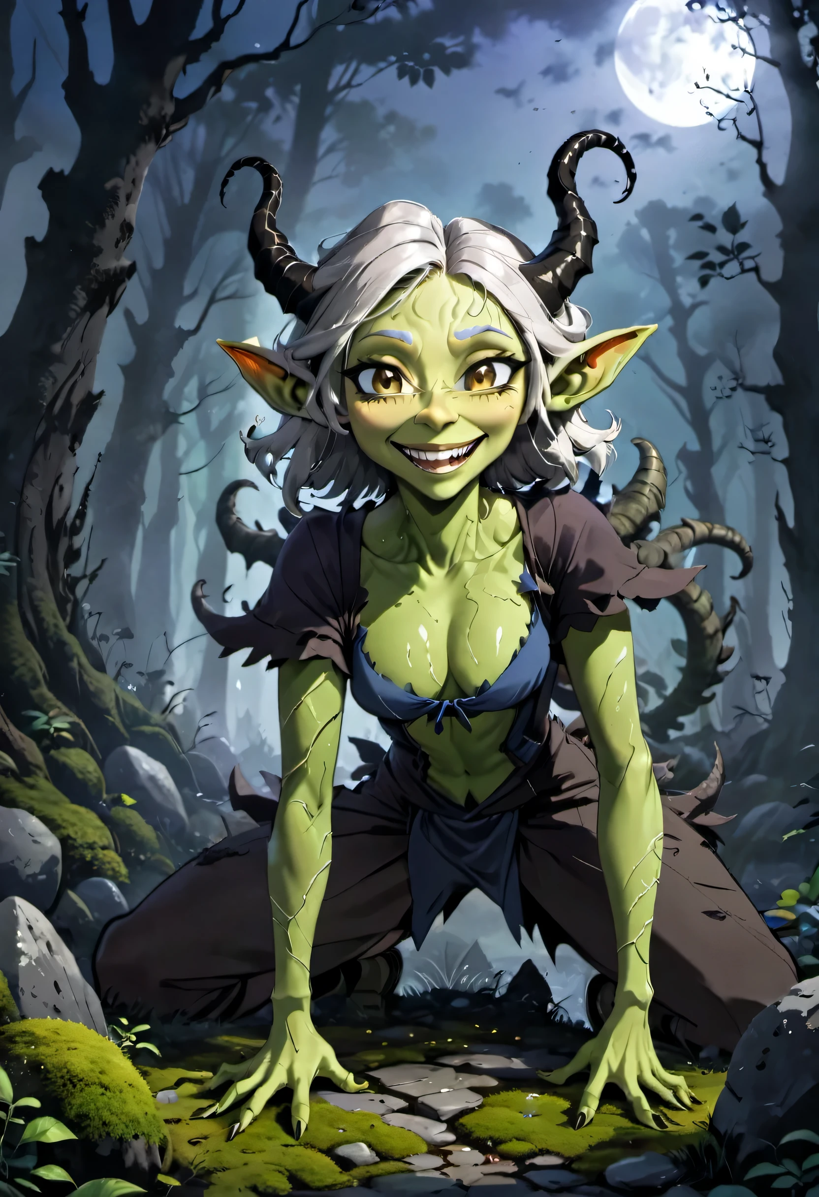(best quality, highres, ultra-detailed, realistic, vivid colors), Goblin, dark forest, glowing eyes, menacing smile, sharp teeth, wrinkled skin, pointy ears, long claws, twisted horns, tattered clothes, sinister aura, misty atmosphere, eerie shadows, moonlight illuminating, fantasy creature, mythical beast, magical presence, moss-covered rocks, twisted trees, eerie silence, mysterious fog, haunting ambiance, creepy creatures, nightmarish scene, otherworldly, supernatural being, supernatural powers, mystical energies, ancient evil, lurking danger, ethereal glow, enchanted forest, malevolent presence, spine-chilling, bone-chilling, heart-pounding suspense, unsettling feeling.