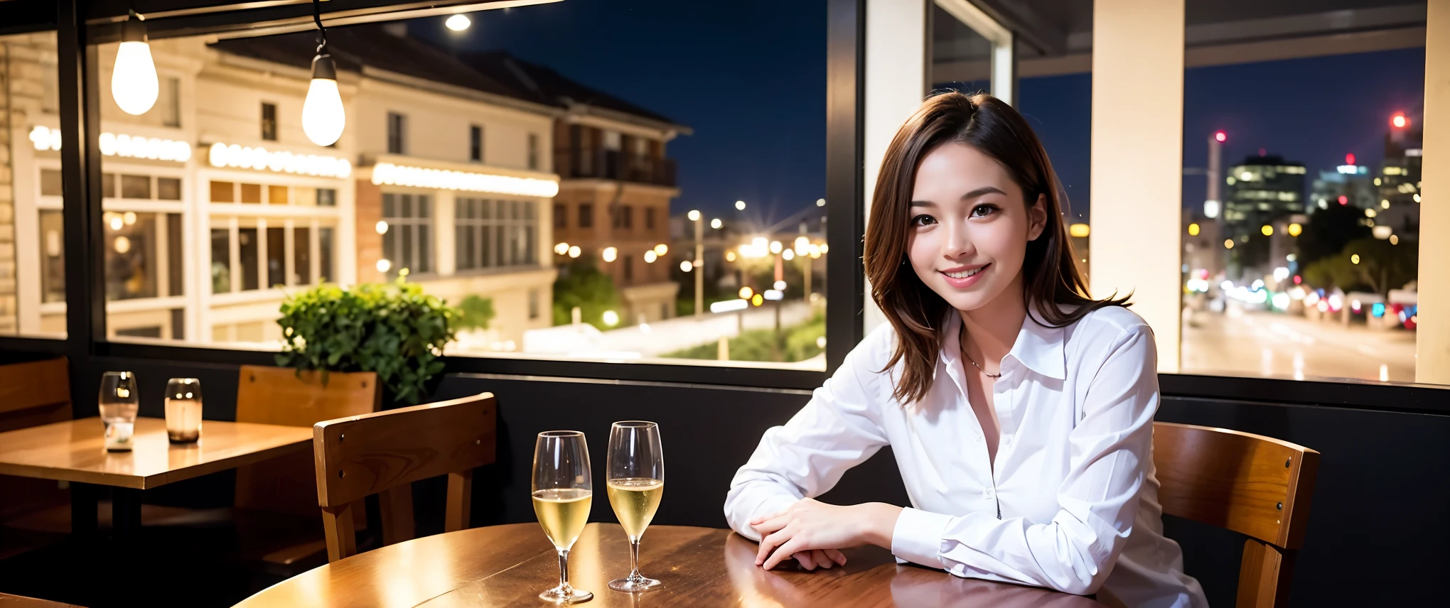 K, Hmm, highest quality, masterpiece: 1.2), (realistic, photorealistic: 1.37), Super detailed, 3 slim beauties, (slim face),Happy、 the best smile、Fox face、Berry Short、(because I'thin), (brown hair), (shortcut), long sleeve shirt、winter fashion、Colombian、Brazilian、Japanese、Dutch、German、Portuguese、Belgian、Italian、French,Champagne、sparKling wine、 (gush out), (slim body), (brown hair), (shortcut), neat beauty、cheeKs turn a little red, (35 years old), 38 years old, alone, A beautiful and detailed night view spreads out outside the window...., restaurant, wine glass is sitting, At night, in a prominent place (from the Upper body) nova frog style, actress, model, Upper body, White wine, slim, wine glass, Very beautiful night view, wine glass Put in the Middle, Happy smile, (smile: 1.15),