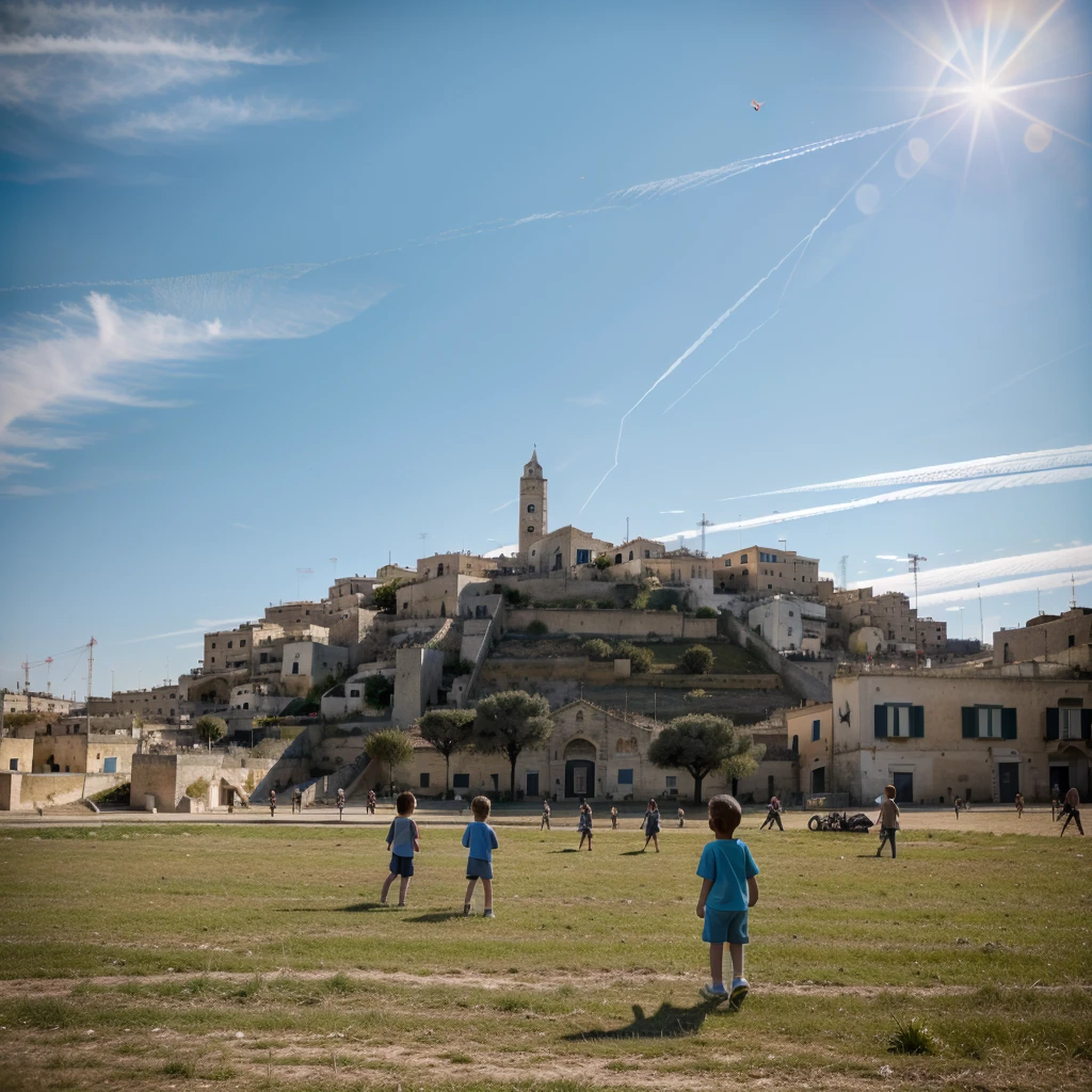 matera, sassi_di_matera, children on a Field watching up the sky, Blue Sky with chemtrails, Morningsun, wide angle