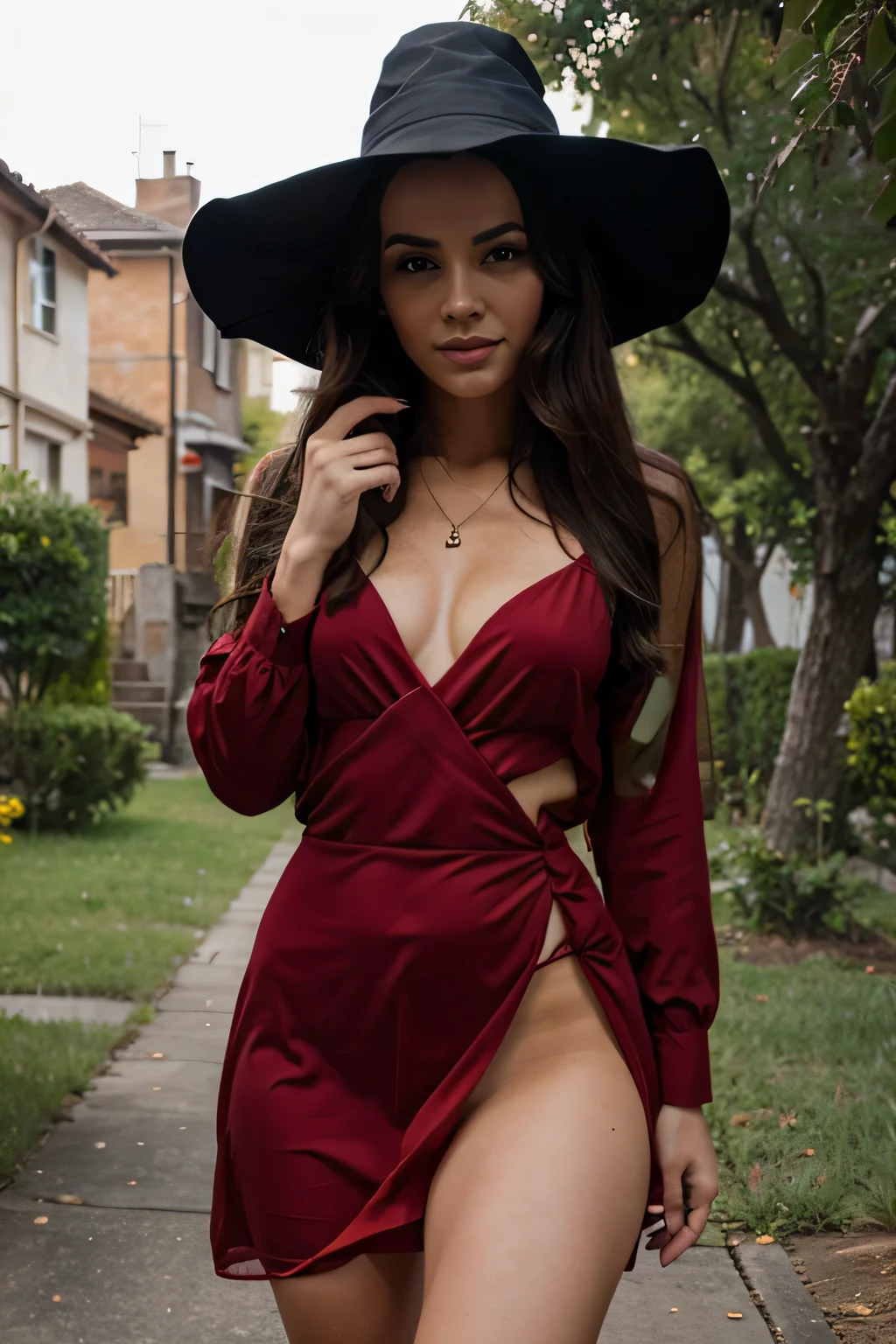 uma bruxa linda com um vestido vermelho transparente sem calcinha