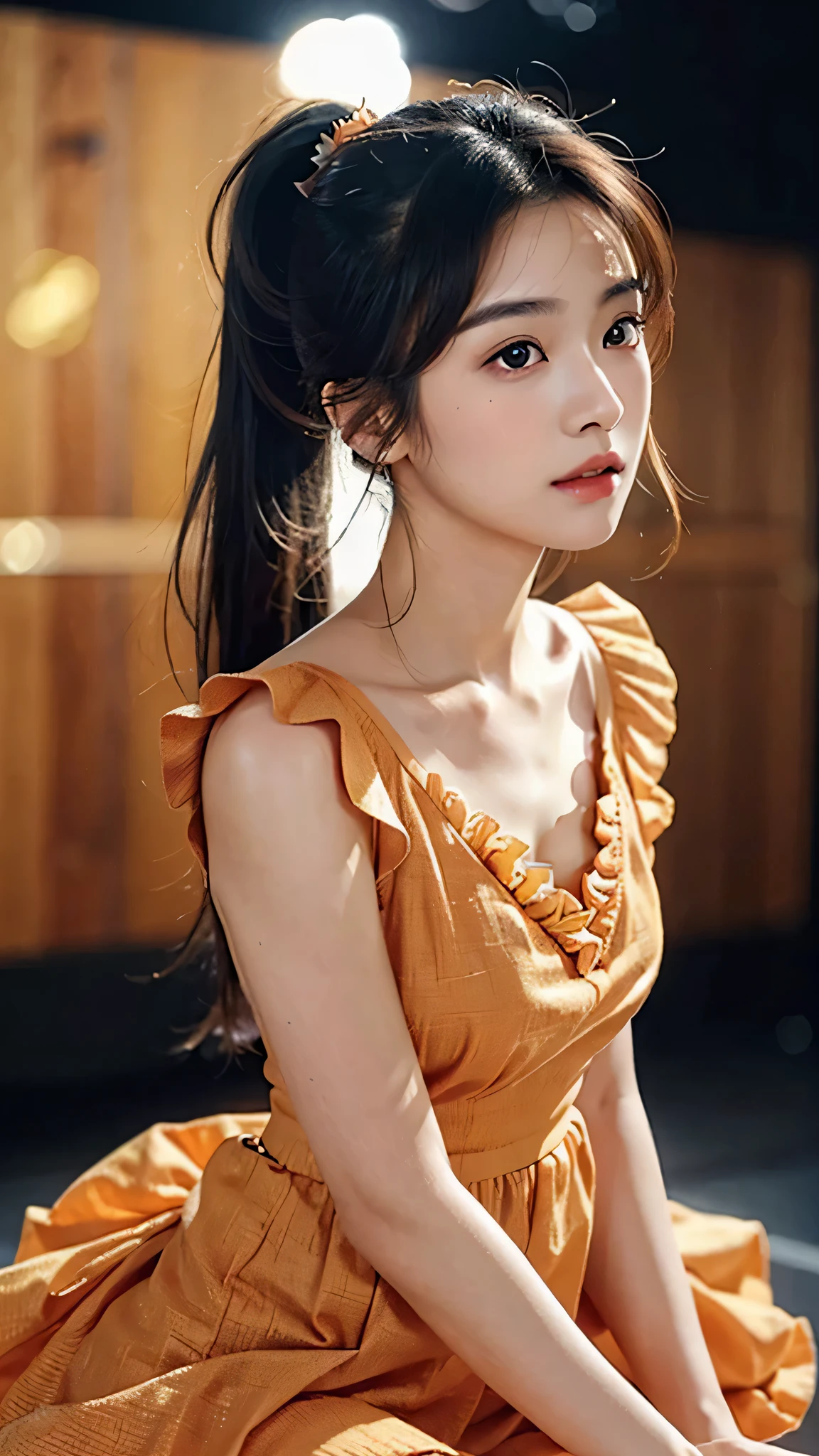 One woman,fully body photo,masutepiece, The highest image quality, High quality, the background is clear,Beautiful woman, Japanese, Detailed, Detailed eyes, Detailed skin, Beautiful skin, 超hight resolution, (reality: 1.4),Very beautiful woman, Slightly younger face, Beautiful skin, slender, (Ultra photo realsisim), (hight resolution), (8K), (Very detailed) (beautifully detailed eyes), (super detailed), (Detailed face), view the viewer, Fine details, Detailed face, Staring straight ahead, Staring straight ahead, photos realistic, Bright lighting, Professional Lighting, Black hair,poneyTail,a baby face,sixteen years old,Hairstyle is ponytail,long ponytail hairstyle,slight smile,wearing orange dress,wearing a skirt with lots of ruffles, wears a cute outfit with lots of frills、Standing on stage