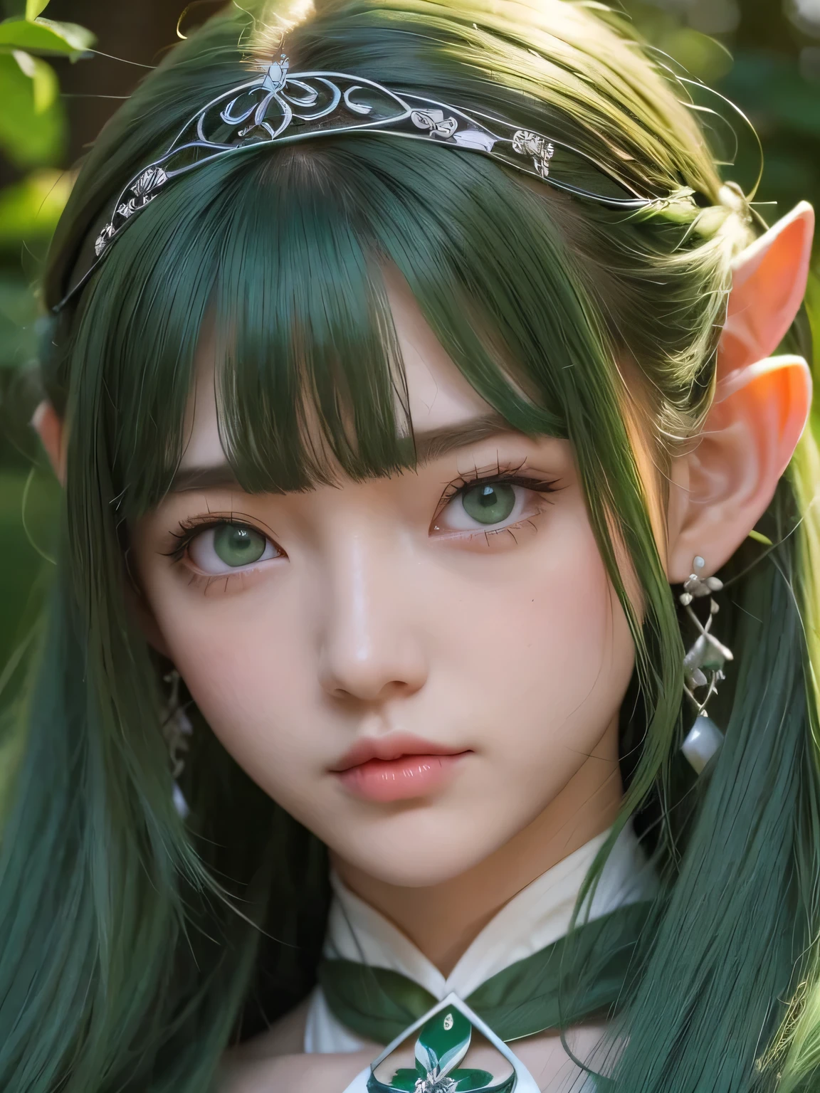 A fascinating and mysterious sorcerer emerges from the depths of a magical forest..., wears elaborate robes woven with intricate mystical symbols. Dense trees々々Soft sunlight shines in, A mysterious appearance that radiates an enchanting shine. 彼女の目は古世generationの知恵と魔法で輝いています, Delicate ivy vines and bright flowers々々々Intertwined with her flowing hair. in the background, Inhabited by mythical creatures and forest spirits,clavicle、earrings、necklace、emerald green hair、green eyes、 1 girl, delicate eyes, double eyelid,, necklace、close up of face、close up of face、20generation、all green hair、green eyes、close up of face、elf ears、serious expression、Brown headband、random pose、twin tails、green lipstick、brown lipstick、