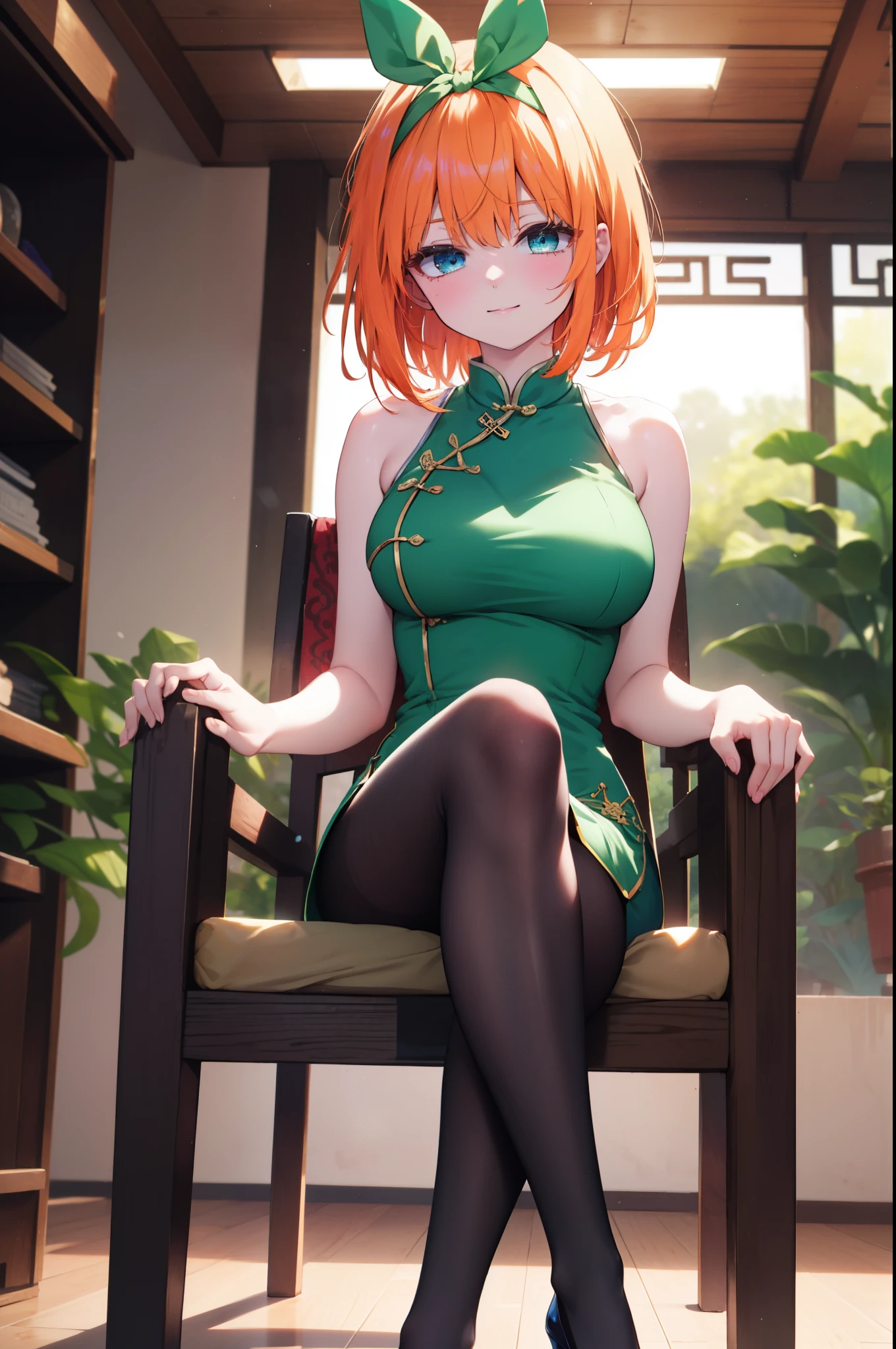 yotsubanakano, yotsuba nakano, bangs, short hair, blue eyes, hair between eyes, hair ribbon, hair band, orange hair,big breasts, green ribbon, bow, ribbon, green ribbon, green cheongsam,green slit skirt,black pantyhose,stiletto heels,sitting cross-legged on a chair,sexy pose,happy smile, smile, 口を開ける
break looking at viewer,
break indoors, chinese style indoor,
break (masterpiece:1.2), highest quality, High resolution, unity 8k wallpaper, (figure:0.8), (detailed and beautiful eyes:1.6), highly detailed face, perfect lighting, Very detailed CG, (perfect hands, perfect anatomy),